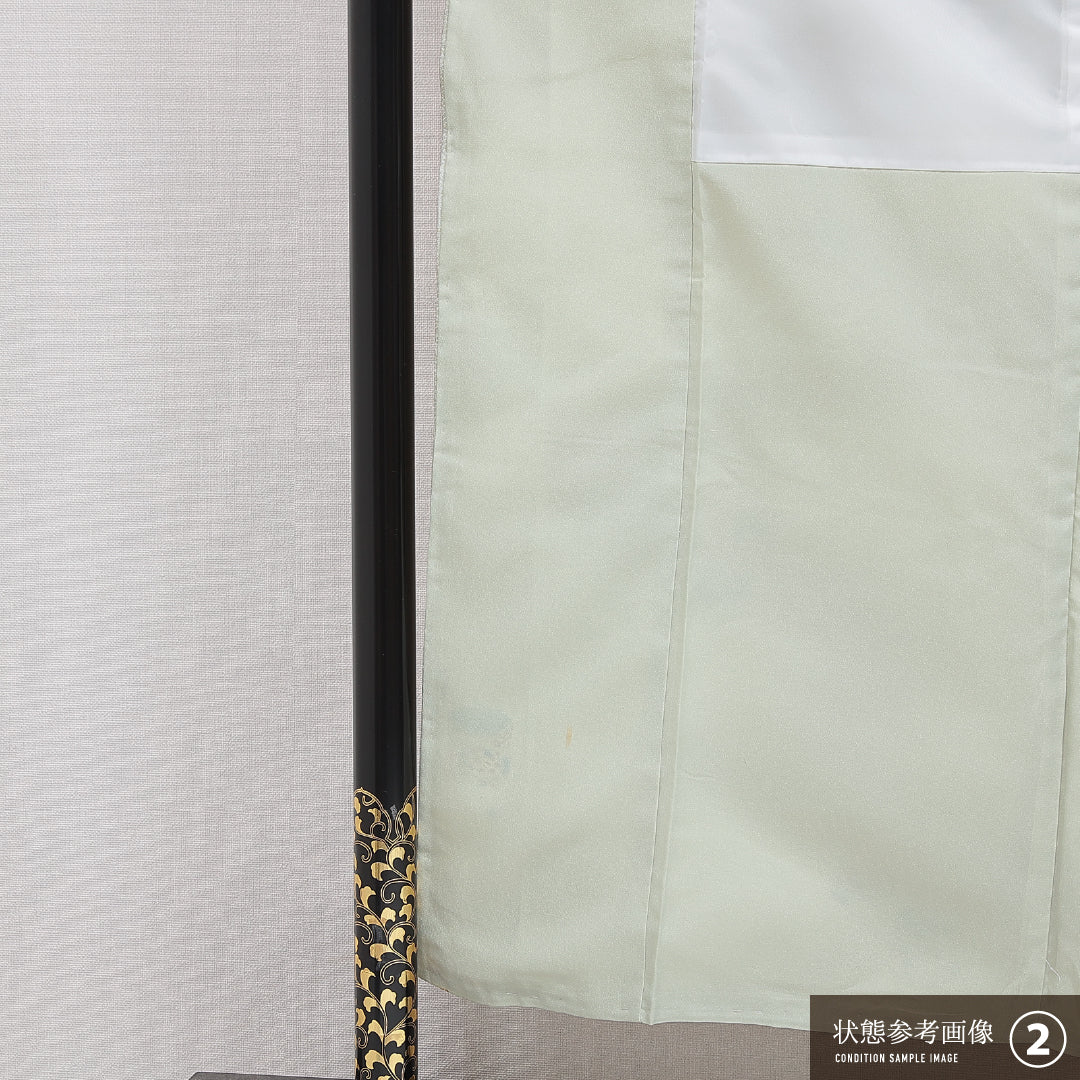 洗える着物 小紋 袷 身丈159cm 裄丈64cm ポリエステル Sランク 紋意匠 (吉祥文様) インフォーマル 広衿 Mサイズ 貝桶 緑系 RP 1221-15984