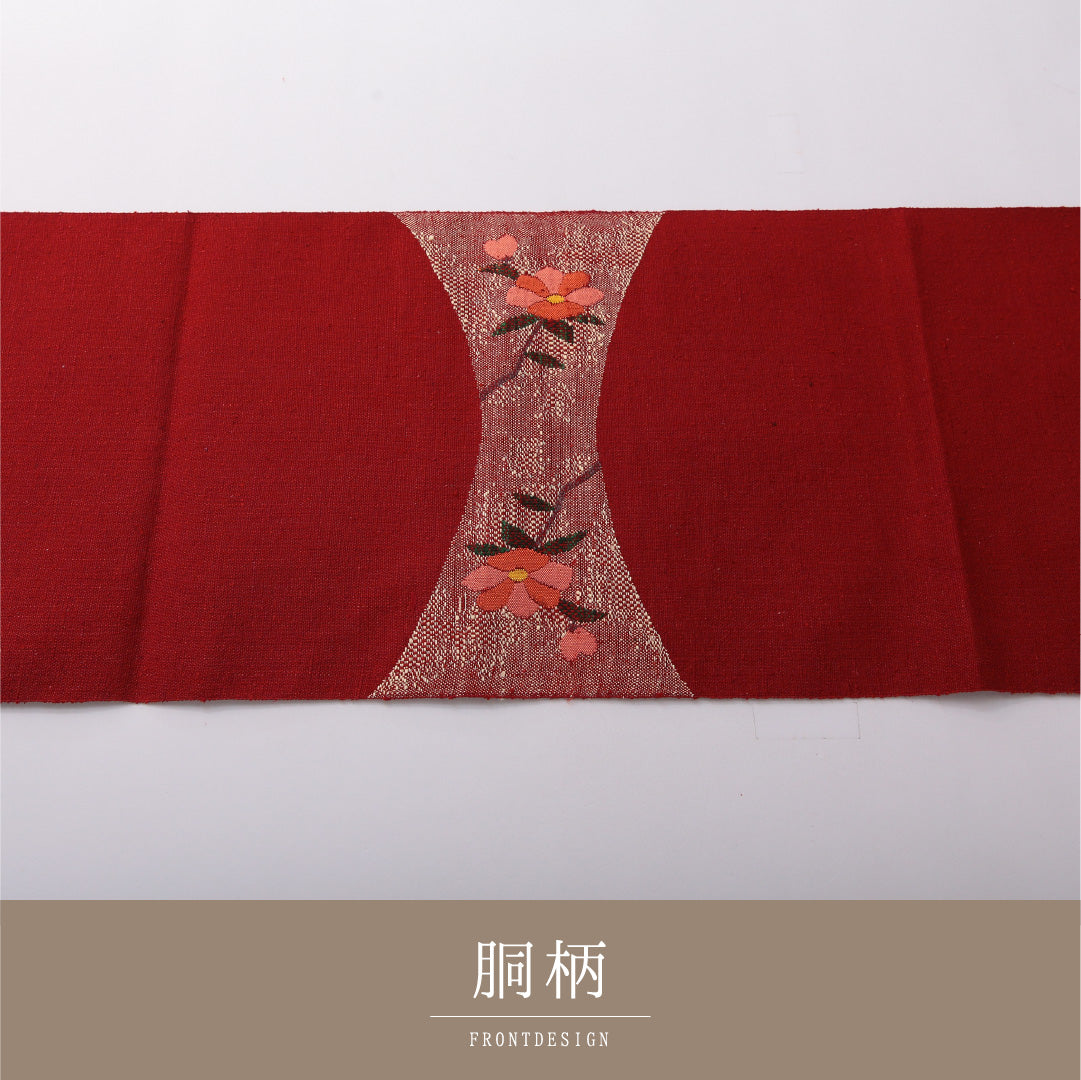 八寸名古屋帯 帯丈349cm カジュアル 松葉仕立て ポイント柄 Sランク 正絹 創作柄 赤系 1224-03622