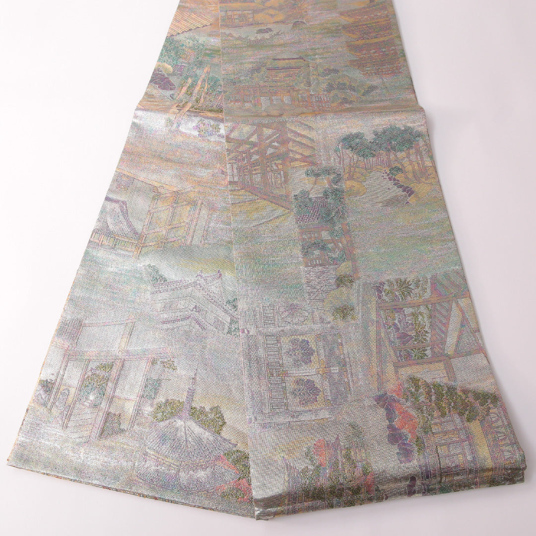 袋帯 帯丈456cm 正絹 全通 リバーシブル フォーマル 鏡裏文 格天井 金系 グレー系 1243-01842