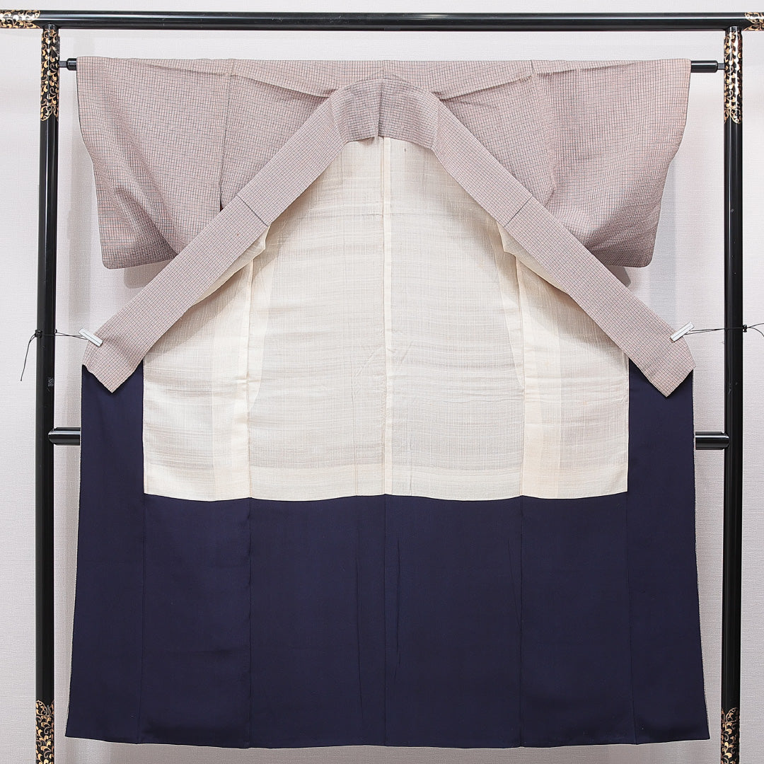 紬 袷 身丈151cm 裄丈62cm 正絹 Dランク Sサイズ 広衿 カジュアル 格子 グレー系 1216-15527