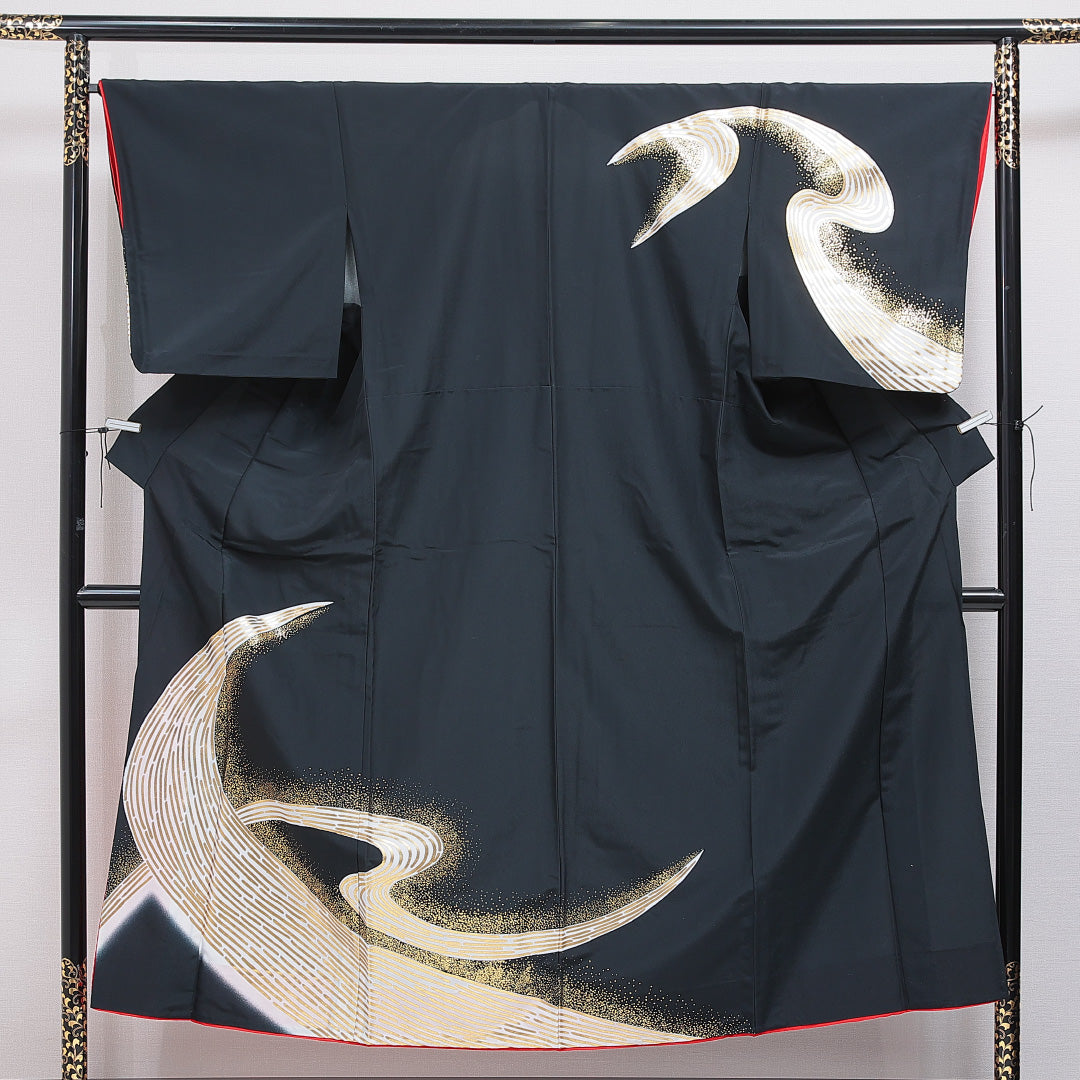 付下げ 洗える着物 単衣 身丈150cm 裄丈66cm ポリエステル Sランク Sサイズ バチ衿 インフォーマル 創作柄 黒系 1261-16282