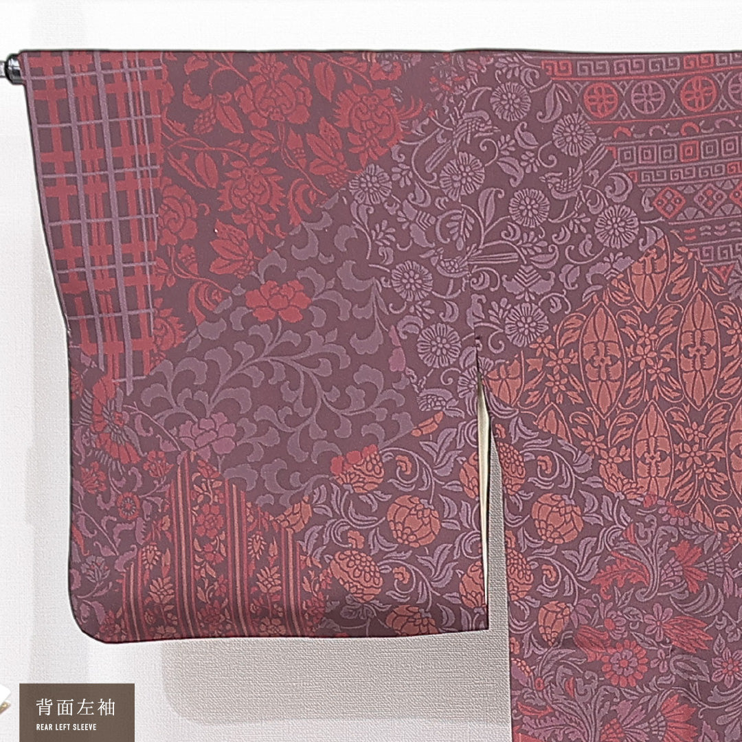 道行コート 袷 身丈86cm 裄丈66cm 正絹 Sランク Mサイズ フォーマル ポケットあり 唐草 縞 紫系 1263-15136