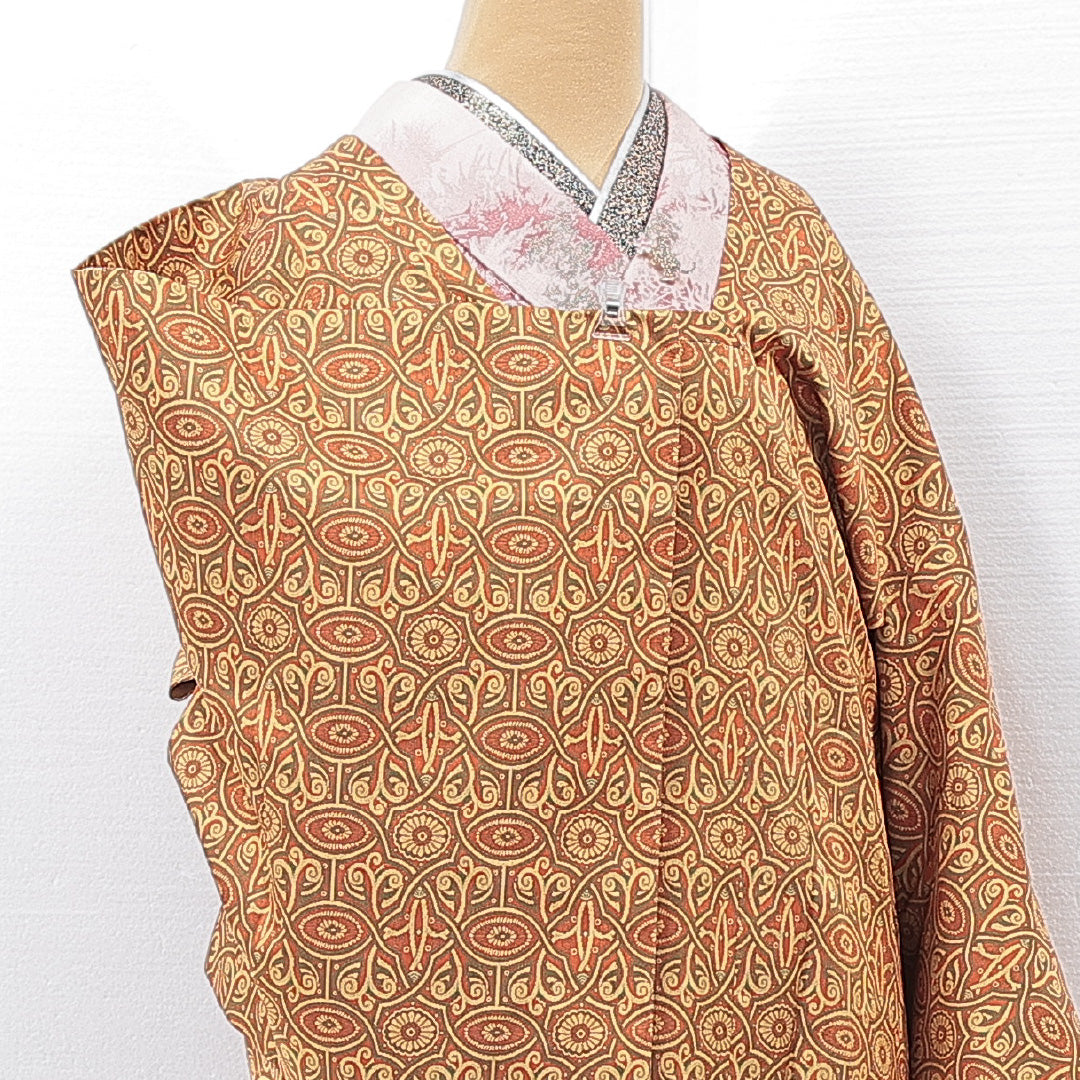 道行コート 袷 身丈86cm 裄丈46cm 正絹 Aランク Sサイズ フォーマル ポケットあり 菊 黄系 朱系 1263-15126