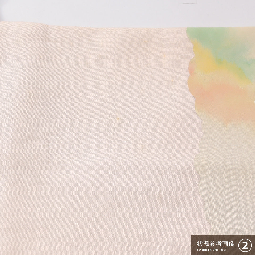 九寸名古屋帯 Aランク 帯丈368cm 正絹 ポイント柄 名古屋仕立て 織り インフォーマル 植物柄 クリーム系 RP 1245-04052