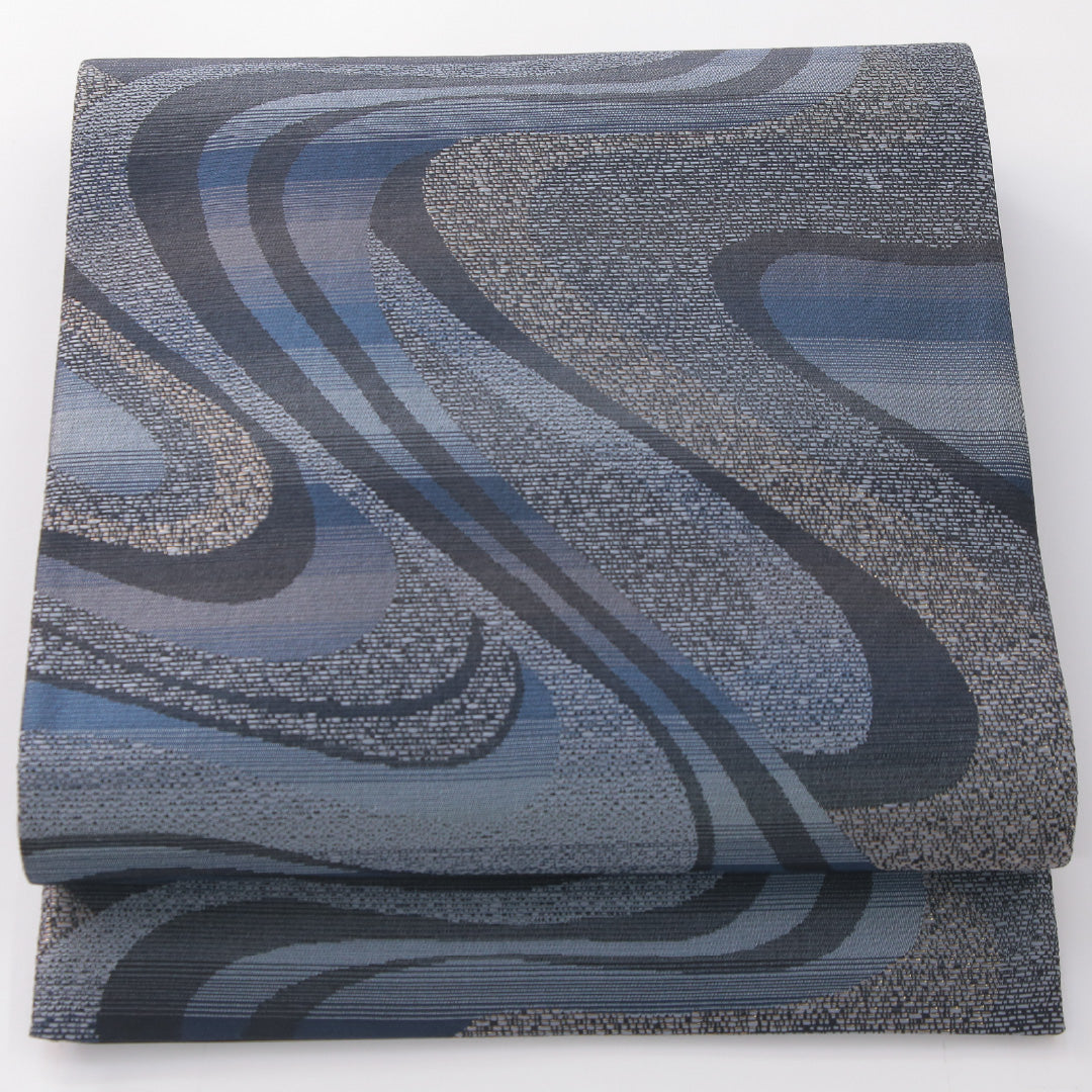 袋帯 帯丈434cm セミフォーマル 全通 帯芯なし Sランク 正絹 流水 藍染和紙織 青系 黒系 1223-02275