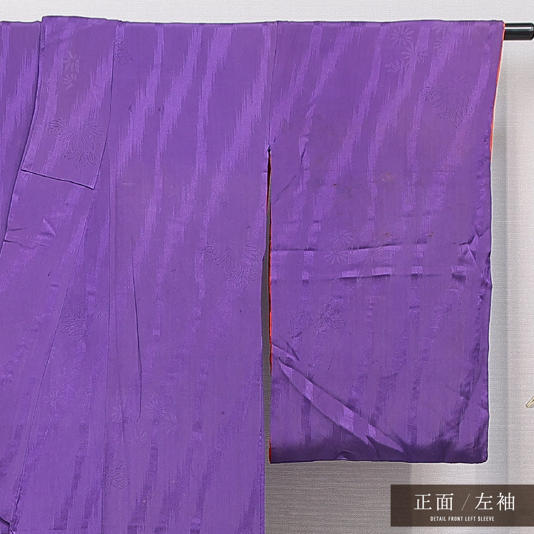 アンティーク 色無地 袷 身丈151cm 裄丈65cm 正絹 Cランク Sサイズ 広衿 紋意匠 笹 紫系 1214-15570