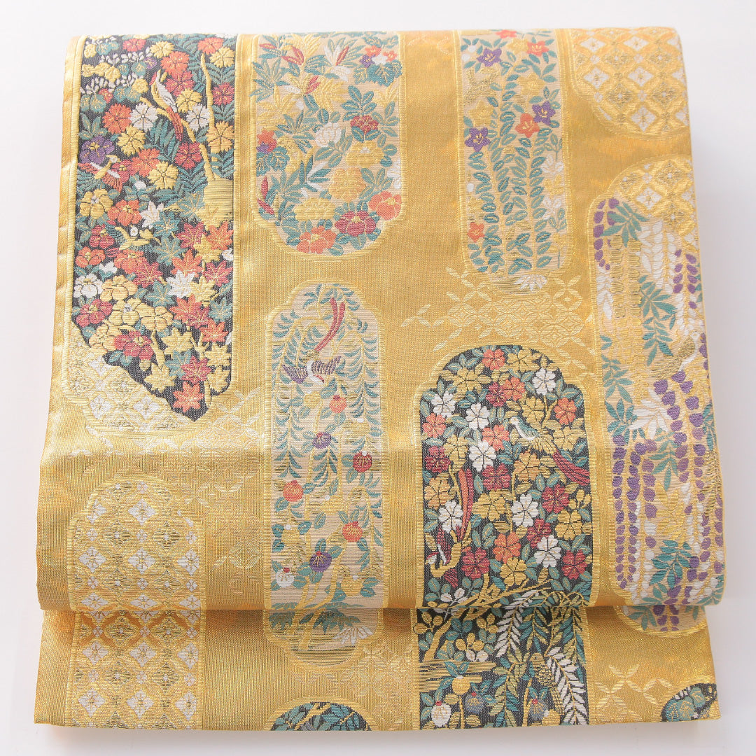 袋帯 帯丈428cm 正絹 六通 フォーマル 色紙重ね 花鳥文 金系 1243-02276