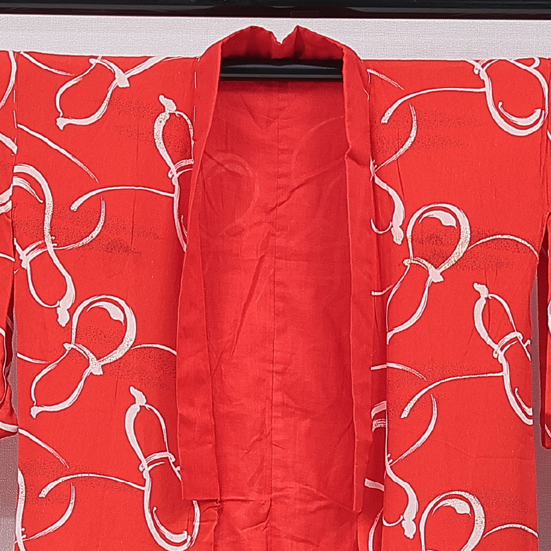 アンティーク 長襦袢 袷 身丈118cm 裄丈58cm 正絹 Bランク XSサイズ バチ衿 瓢箪 金彩 赤系 1229-15671