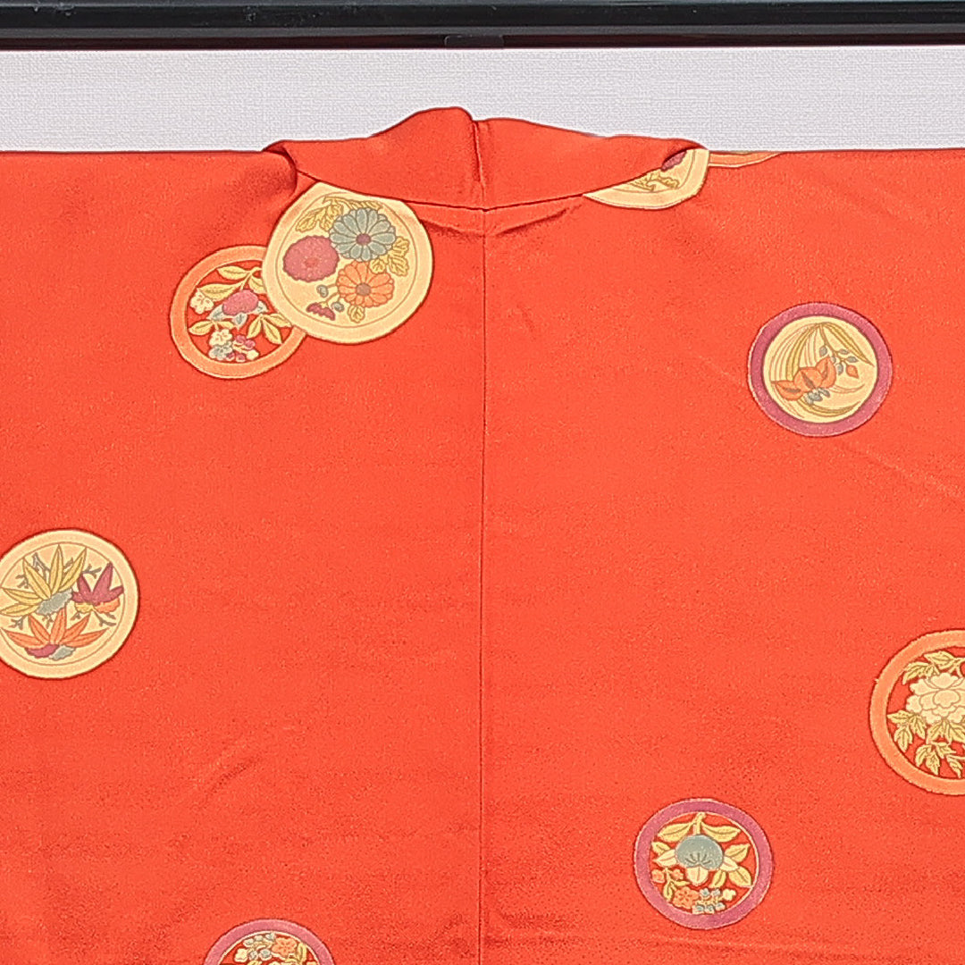 羽織 袷 身丈79cm 裄丈65cm 正絹 Sランク カジュアル Mサイズ 紐あり 花柄 丸文 朱系 RP 1232-16128