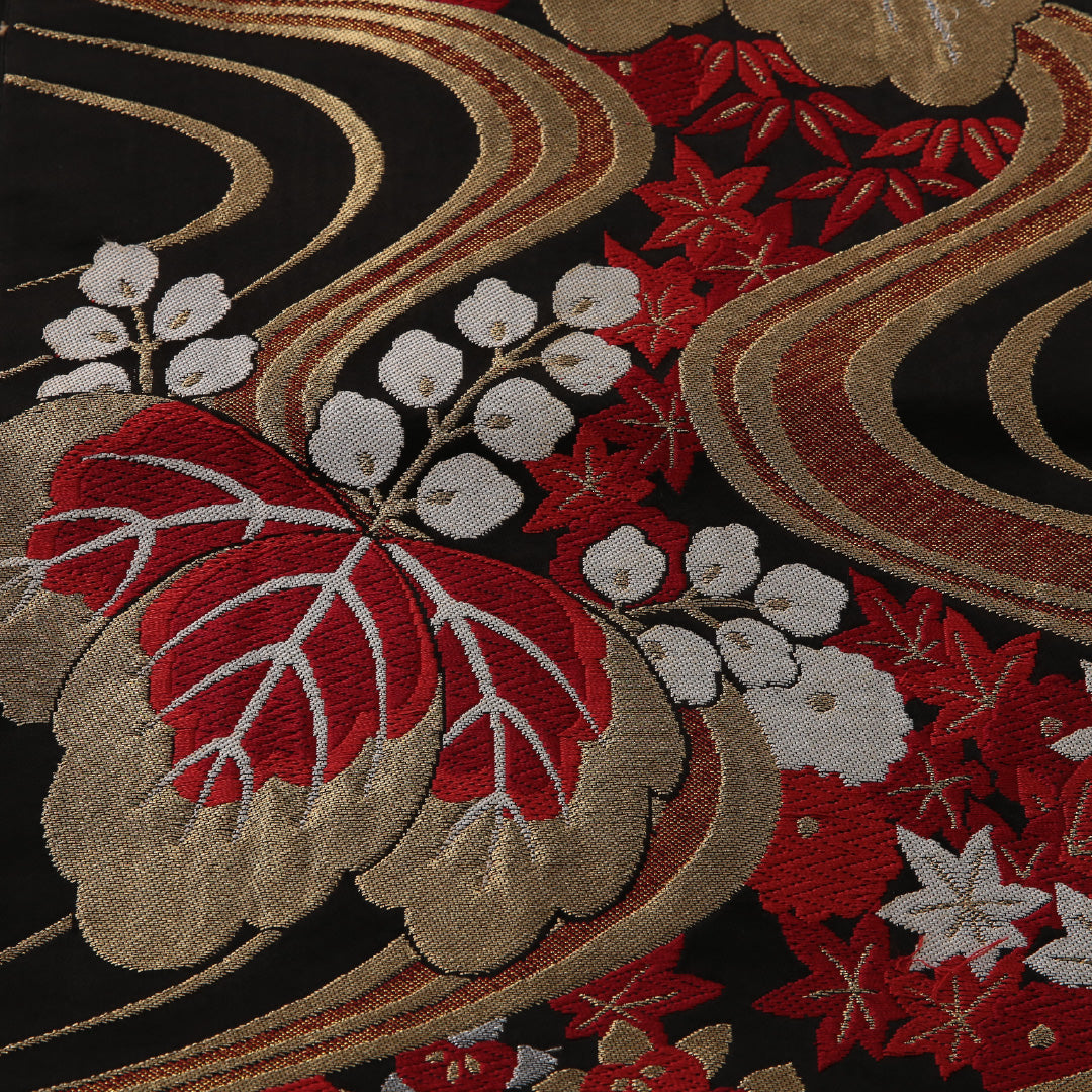 袋帯 帯丈404cm フォーマル 六通 Sランク 正絹 流水 桐 黒系 金系 1223-01895