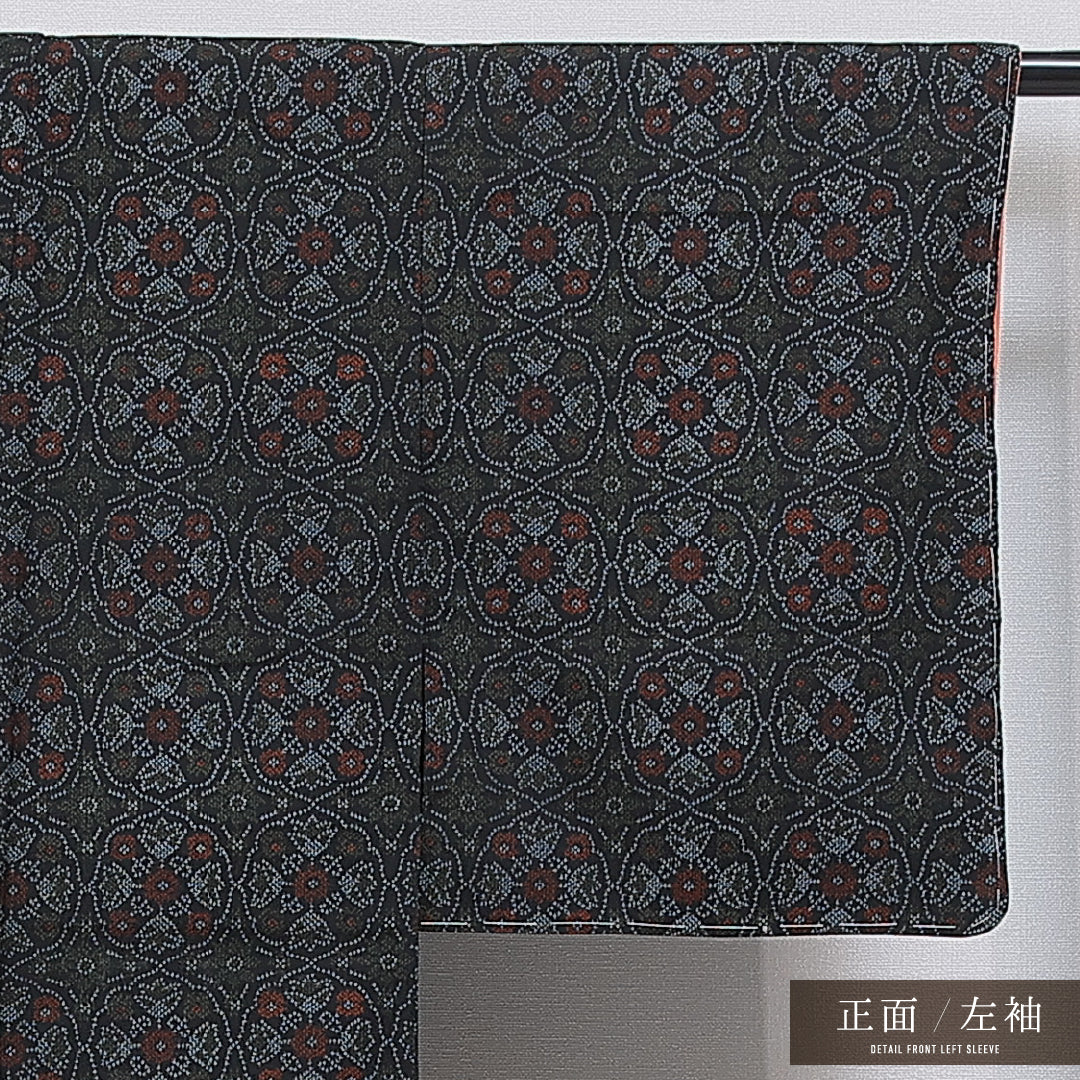 小紋 袷 身丈151cm 裄丈62cm 正絹 Sランク インフォーマル 広衿 Sサイズ 花柄 紺系 RP 1221-15936