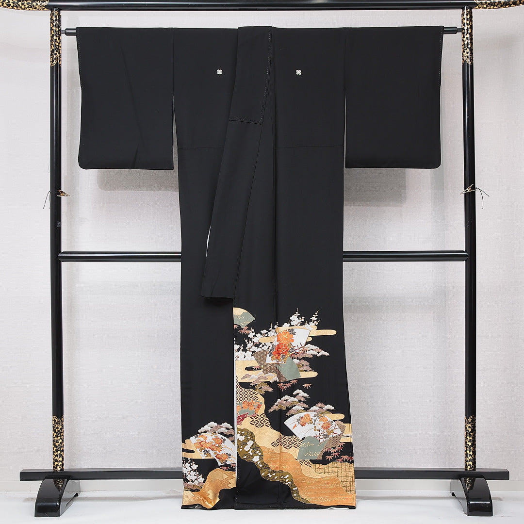 黒留袖 袷 身丈166cm 裄丈65cm 五つ紋 フォーマル Aランク XLサイズ 正絹 比翼仕立て 広衿 扇 菱 牡丹 1211-F0657