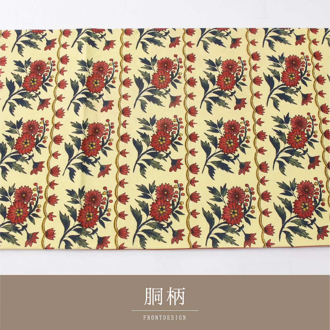 九寸名古屋帯 Cランク 帯丈378cm 正絹 全通 開き仕立て 染め カジュアル 紬 花柄 黄系 RP 1245-04139
