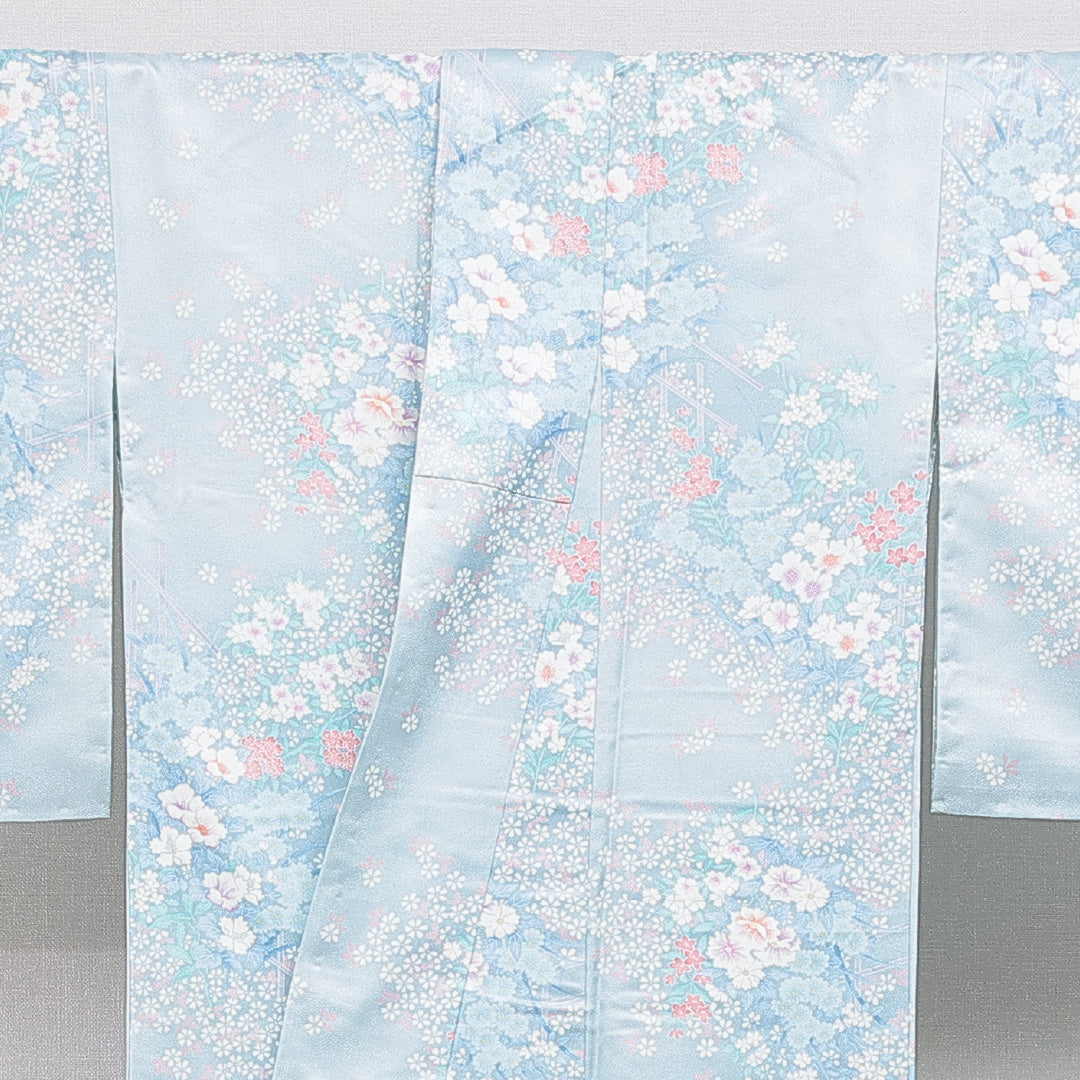 小紋 洗える着物 袷 身丈164cm 裄丈65cm ポリエステル Cランク Lサイズ 広衿 インフォーマル 花柄 水色系 1215-16255