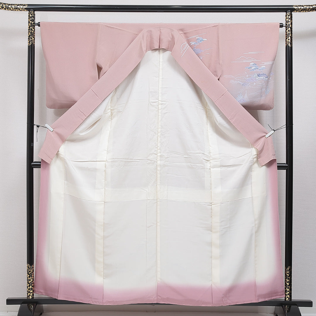 訪問着 袷 身丈161cm 裄丈64cm 正絹 Cランク セミフォーマル 広衿 Lサイズ ぼかし 茶屋辻 古典的 しとやか ピンク系 RP 1217-16045
