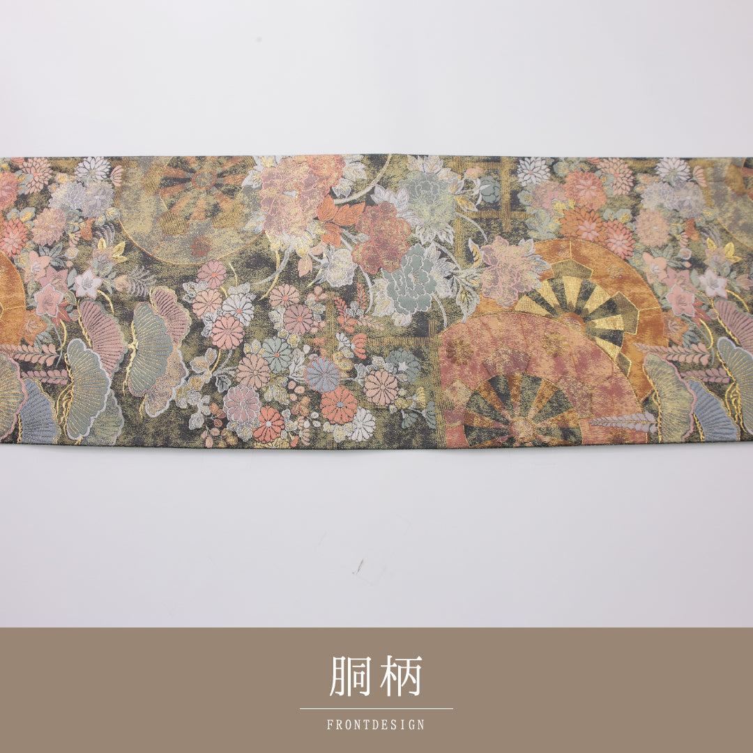袋帯 帯丈428cm 彩華御車文 フォーマル 全通 Sランク 正絹 源氏車 菊 松 金系 黒系 1223-02329