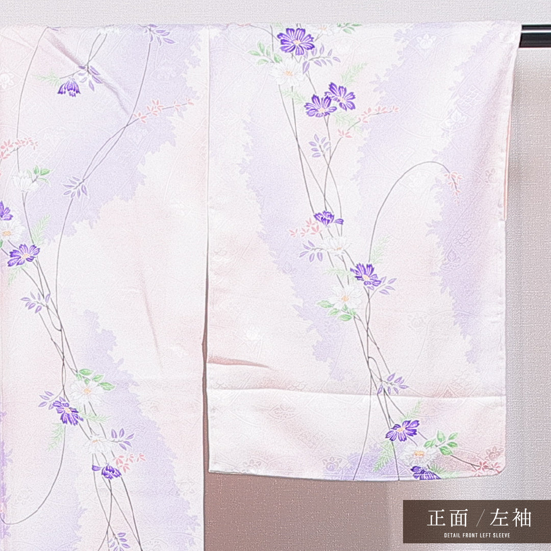 洗える着物 小紋 袷 身丈158cm 裄丈66cm ポリエステル Bランク インフォーマル 広衿 Mサイズ 花柄 ピンク系 HP 1221-16325