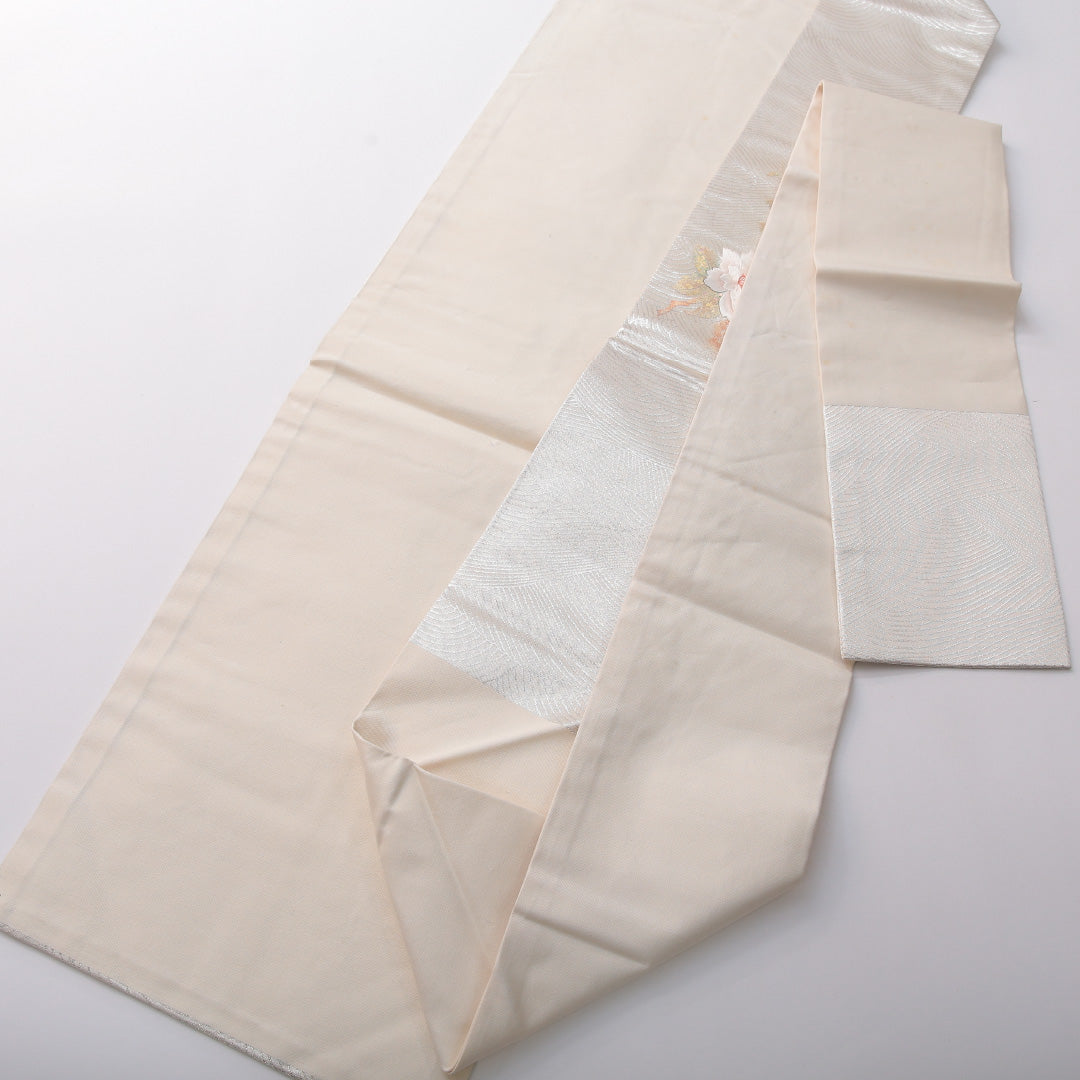 九寸名古屋帯 帯丈353cm セミフォーマル 名古屋仕立て ポイント柄 Aランク 正絹 相良刺繡 牡丹 銀系 1224-03503