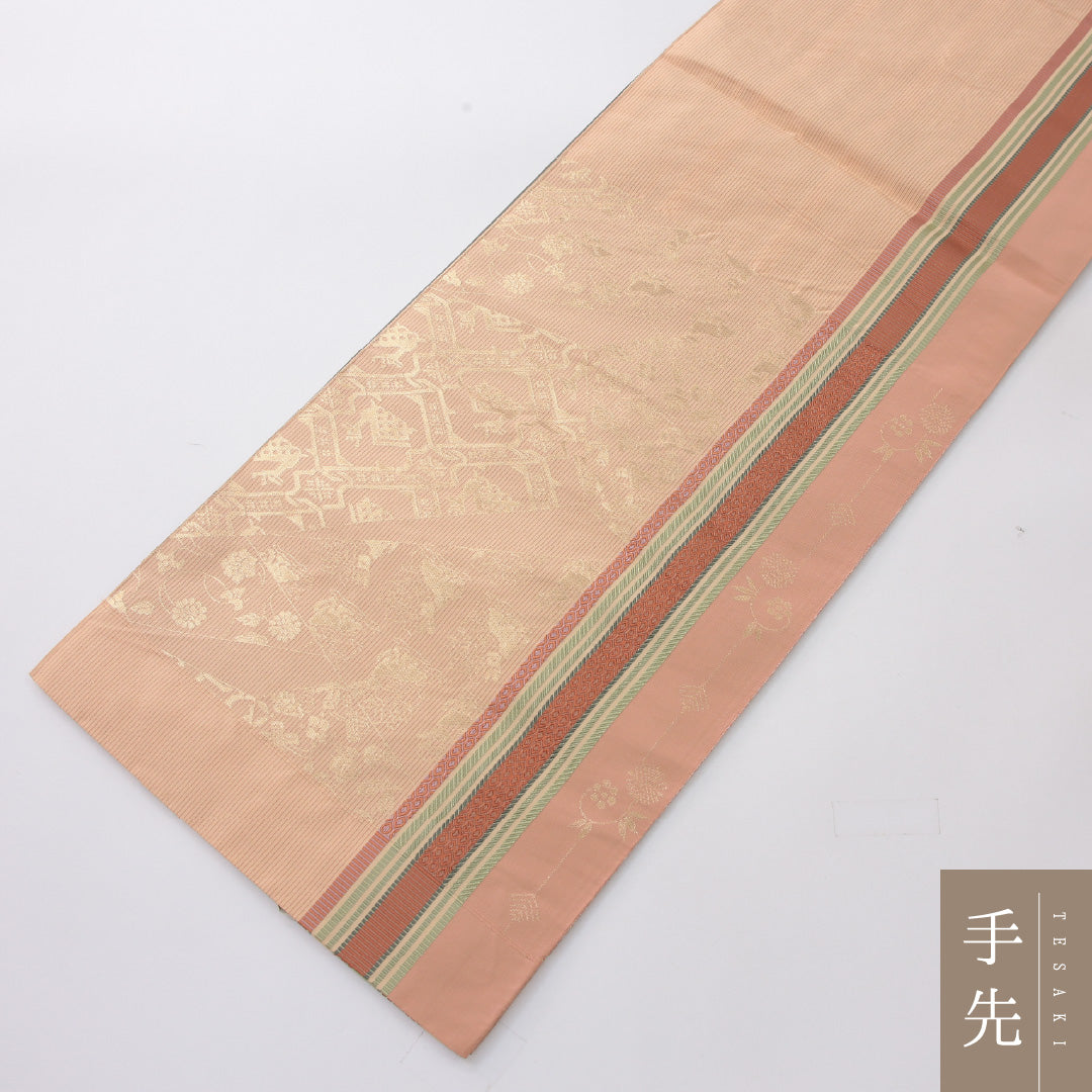 袋帯 帯丈450cm セミフォーマル 六通 未仕立て 帯芯なし Sランク 正絹 有栖川鹿文 証紙 ピンク系 1223-02232