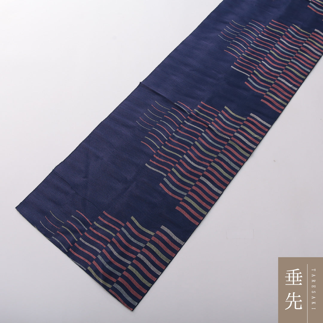 八寸名古屋帯 Cランク 帯丈367cm 正絹 六通 名古屋仕立て 帯芯なし 織り カジュアル 幾何学柄 紺系 HP 1245-03626