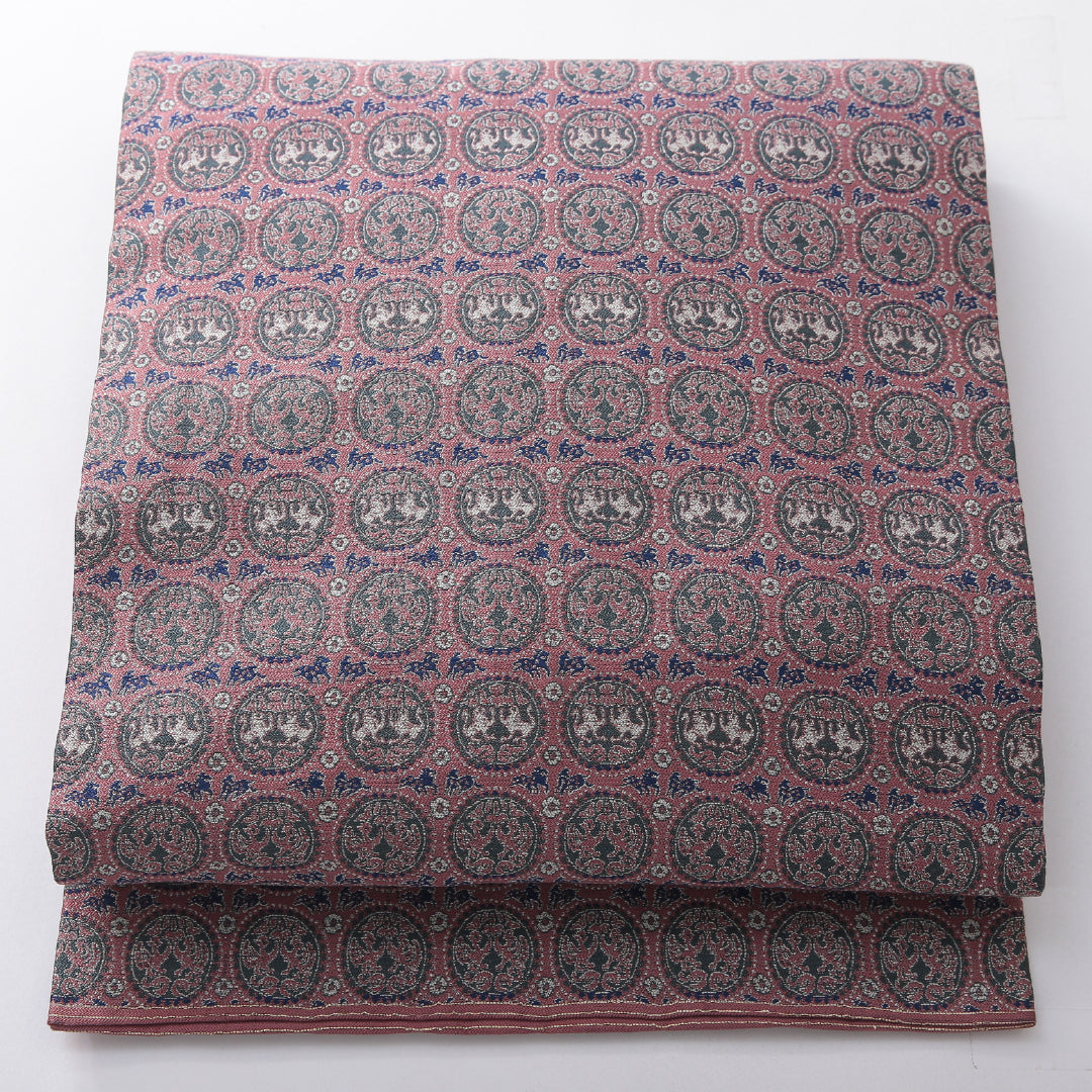 九寸名古屋帯 帯丈341cm インフォーマル 名古屋仕立て 全通 Sランク 正絹 樹下双獣文 ピンク系 1224-03905