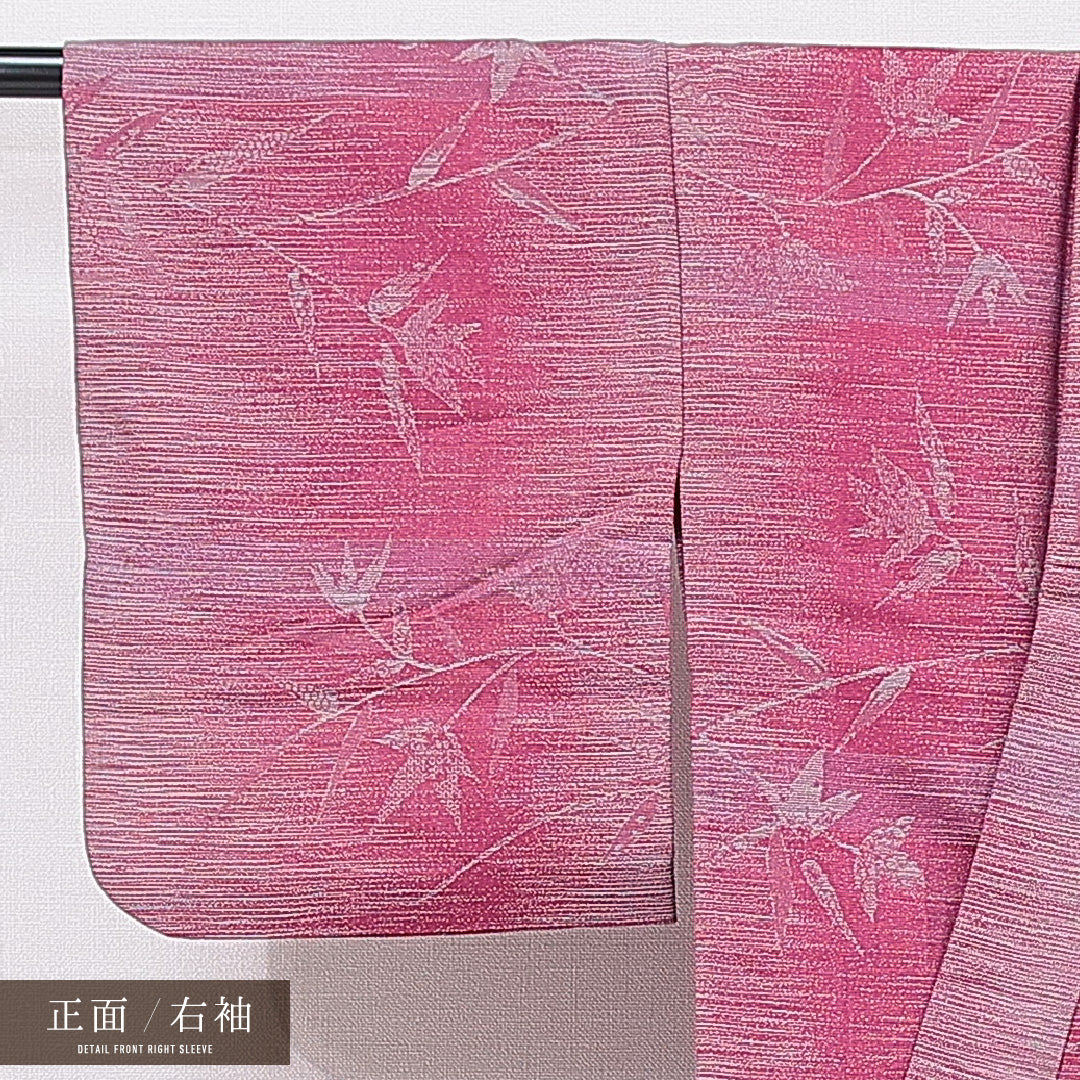 洗える着物 ウールの紬 単衣 身丈144cm 裄丈60cm ウール Sランク カジュアル バチ衿 XSサイズ 肩当て 植物柄 ピンク系 RP 1223-15542