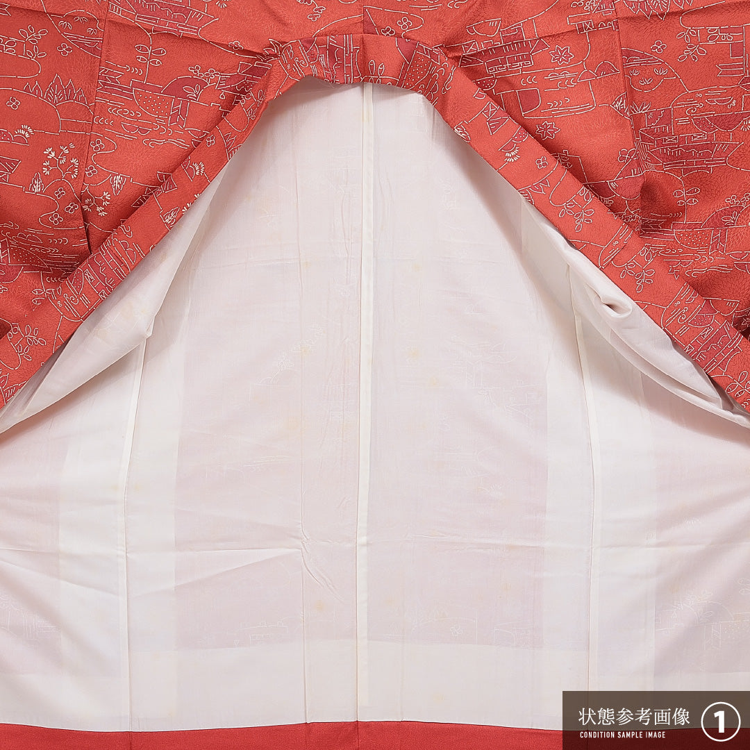 小紋 袷 身丈156cm 裄丈62cm 正絹 Aランク インフォーマル バチ衿 Mサイズ 茶屋辻 赤系 HP 1221-16040