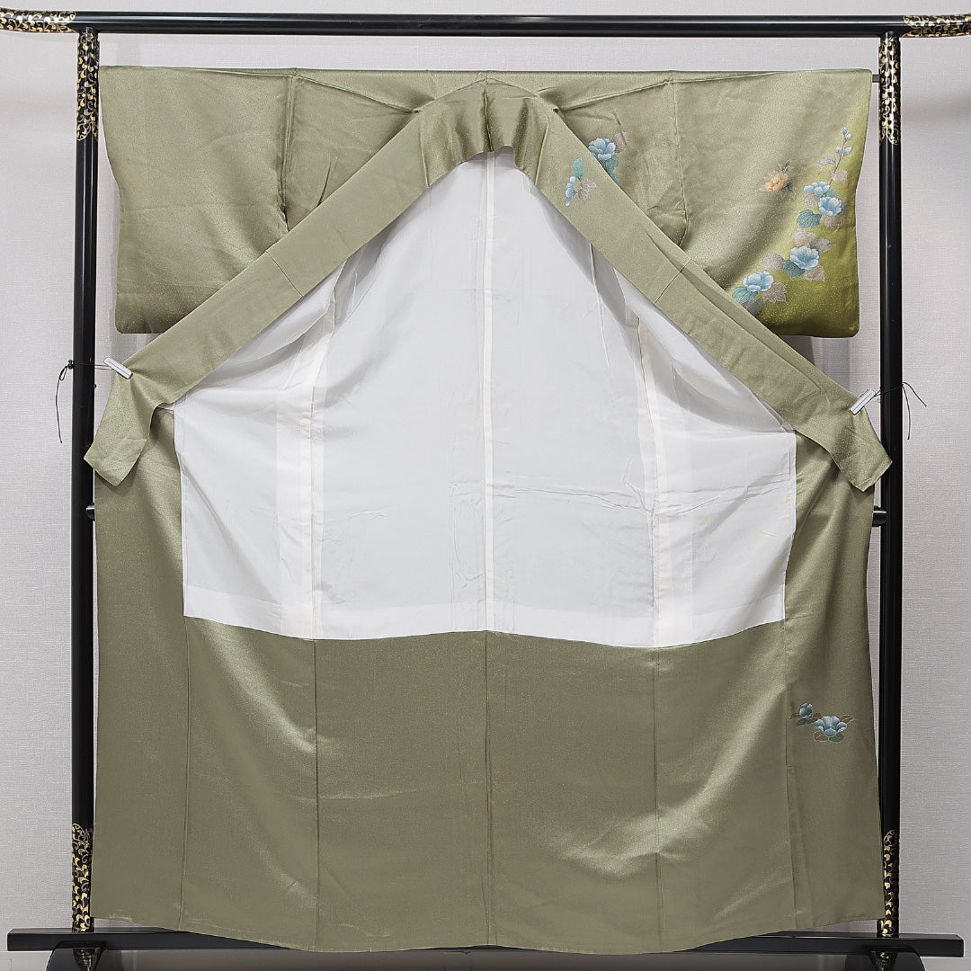 訪問着 袷 身丈161cm 裄丈67cm 正絹 Cランク Lサイズ 広衿 セミフォーマル 牡丹 緑系 1212-15660