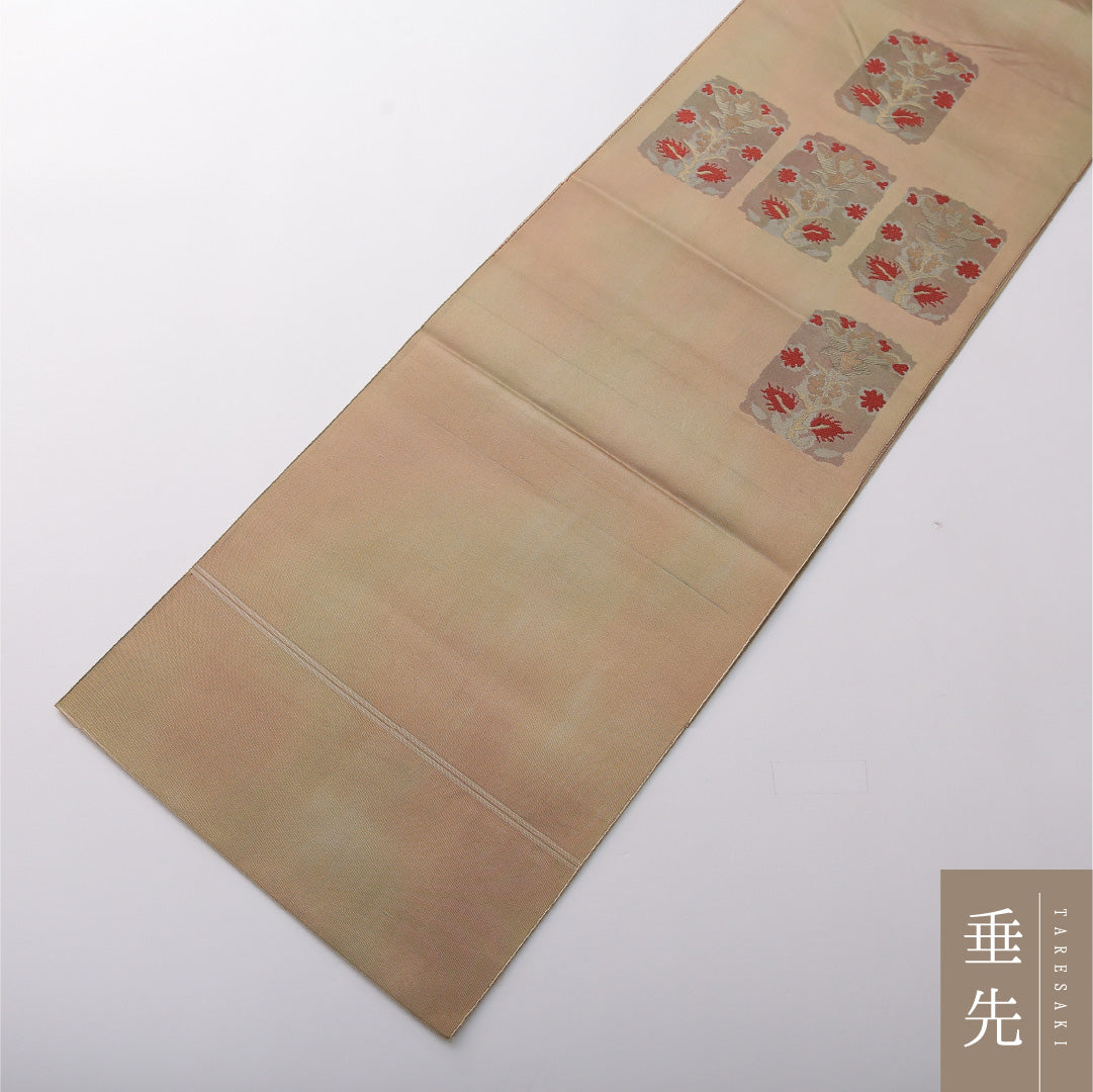 八寸名古屋帯 帯丈356cm セミフォーマル 開き仕立て ポイント柄 帯芯なし Cランク 正絹 花柄 ベージュ系 1224-03506