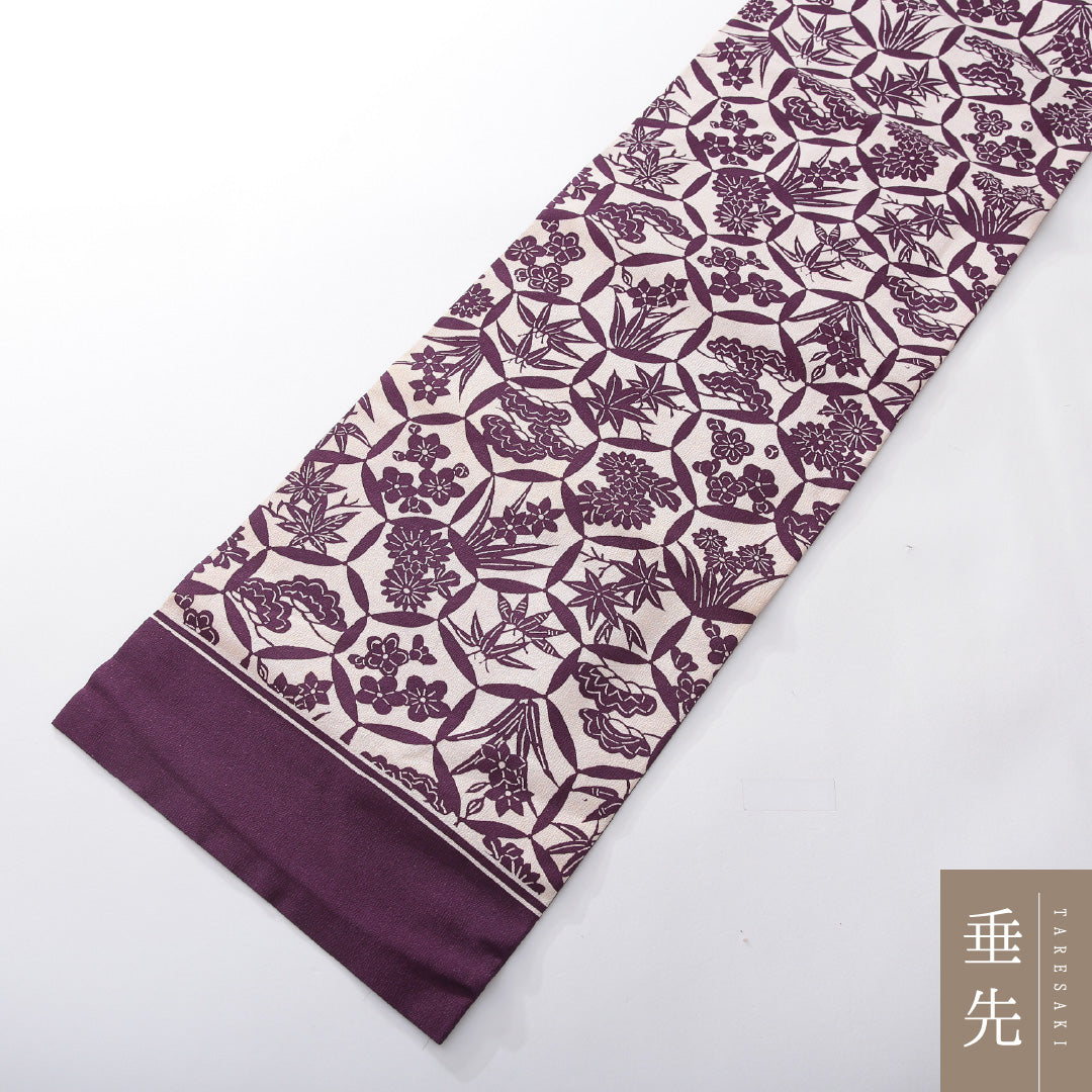 九寸名古屋帯 帯丈345cm カジュアル 名古屋仕立て 全通 Aランク 正絹 染め帯 古典柄 紫系 クリーム系 1224-03924
