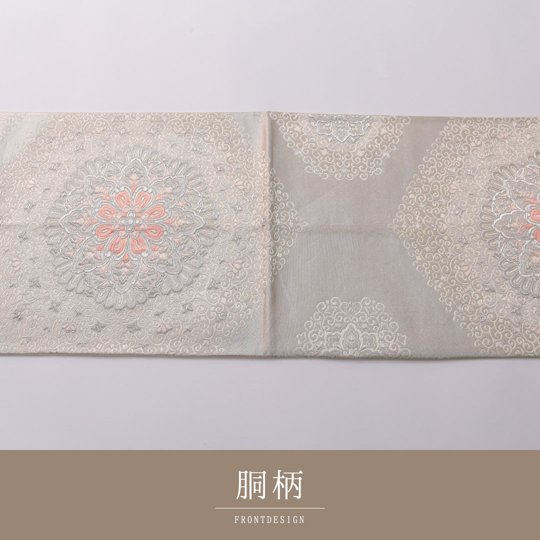 袋帯 帯丈432cm 正絹 六通 フォーマル 宝相華 古典柄 白系 銀系 1243-01970