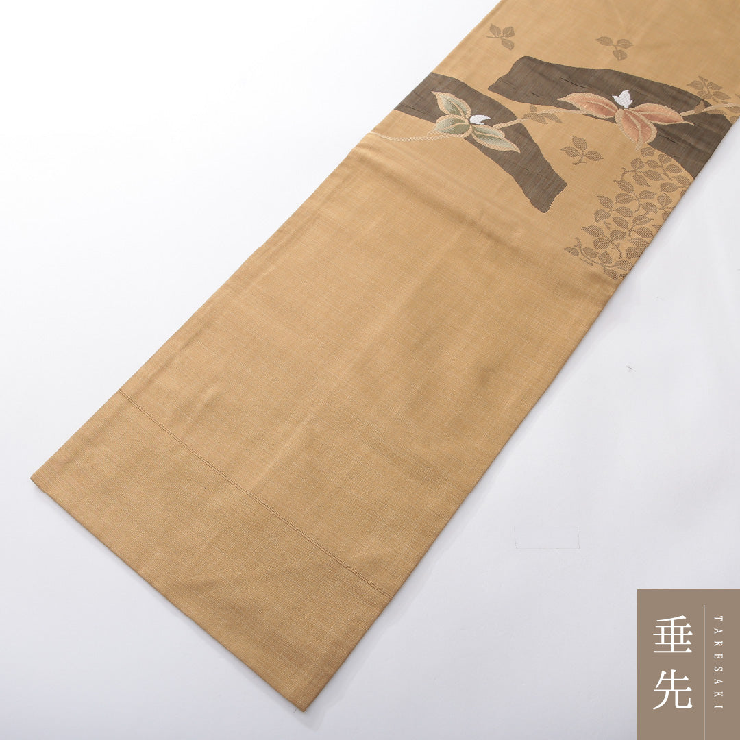 九寸名古屋帯 帯丈361cm カジュアル 名古屋仕立て ポイント柄 Dランク 正絹 ふくれ織 植物柄 ベージュ系 1224-03918