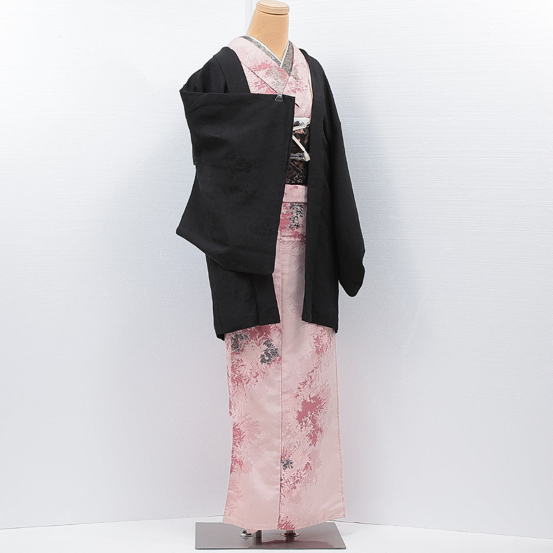 黒羽織 袷 身丈81cm 裄丈62cm 正絹 Aランク 一つ紋 (五三桐) 紋意匠 (雪輪) セミフォーマル Sサイズ 紐あり 無地 黒系 RP 1233-15303