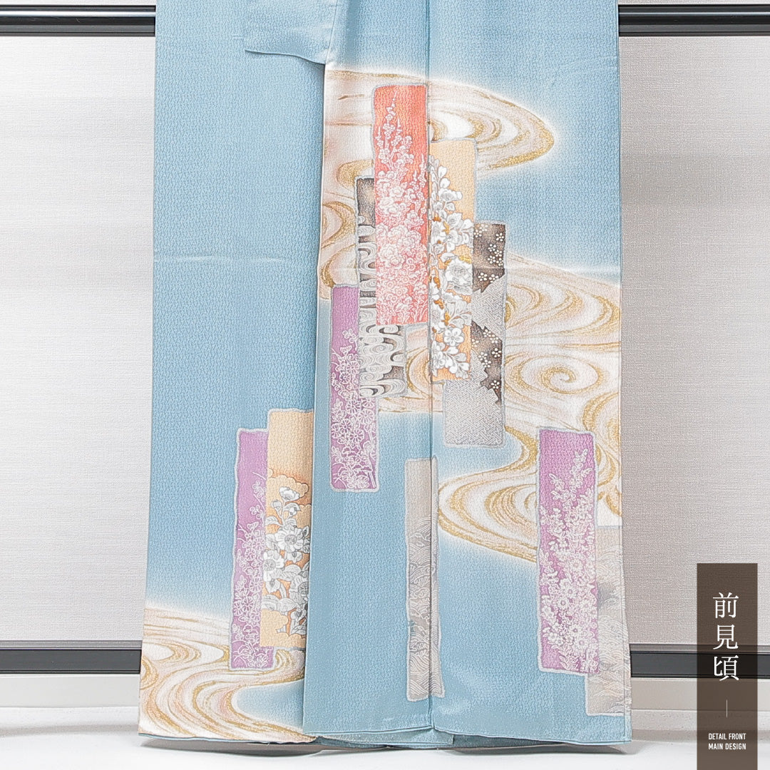 訪問着 袷 身丈161cm 裄丈62cm 正絹 Bランク 三つ紋 (五三桐) フォーマル 広衿 Lサイズ 流水 牡丹 水色系 RP 1217-15228
