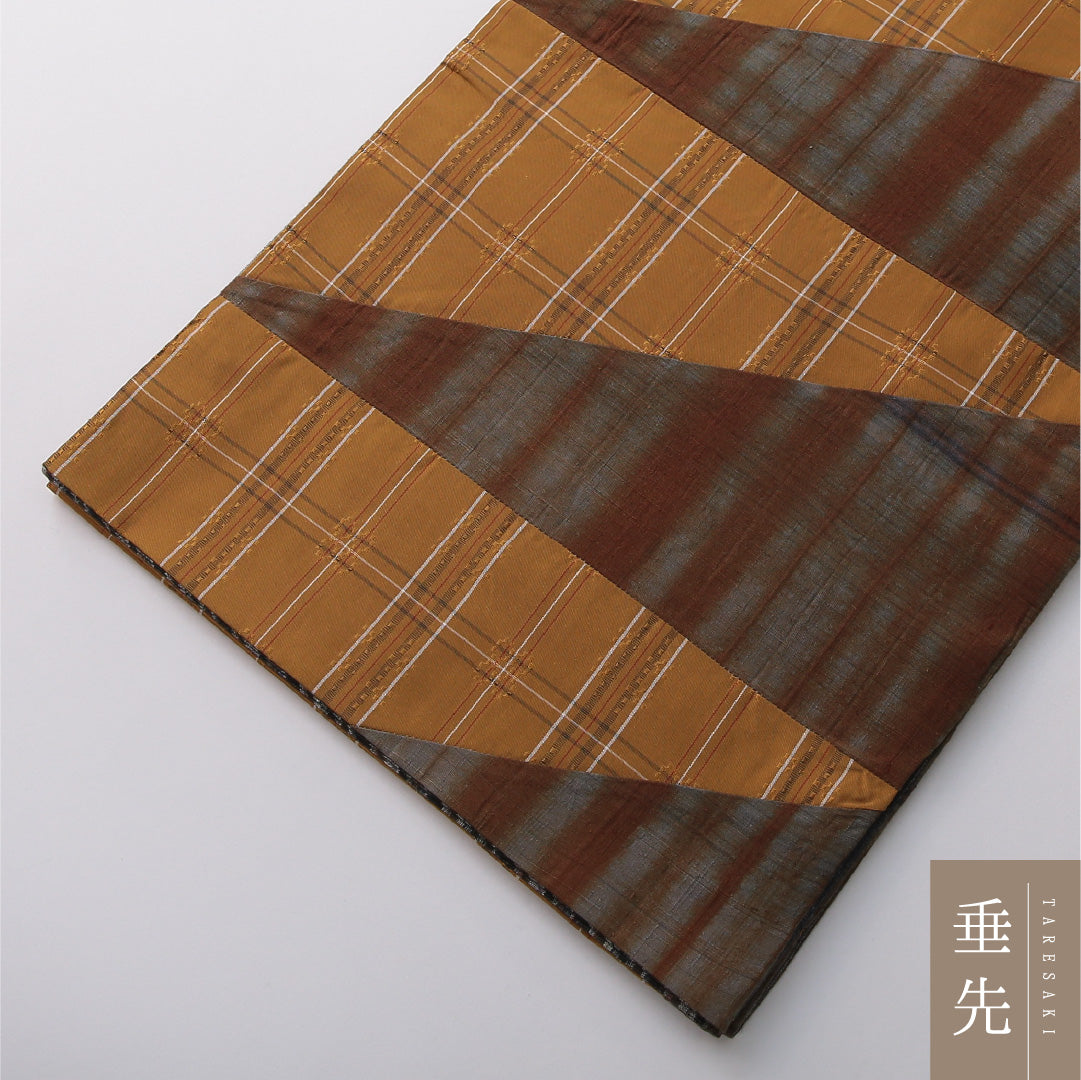 九寸名古屋帯 帯丈456cm カジュアル 開き仕立て 全通 リバーシブル Aランク 正絹 創作柄 黄系 グレー系 1224-03378