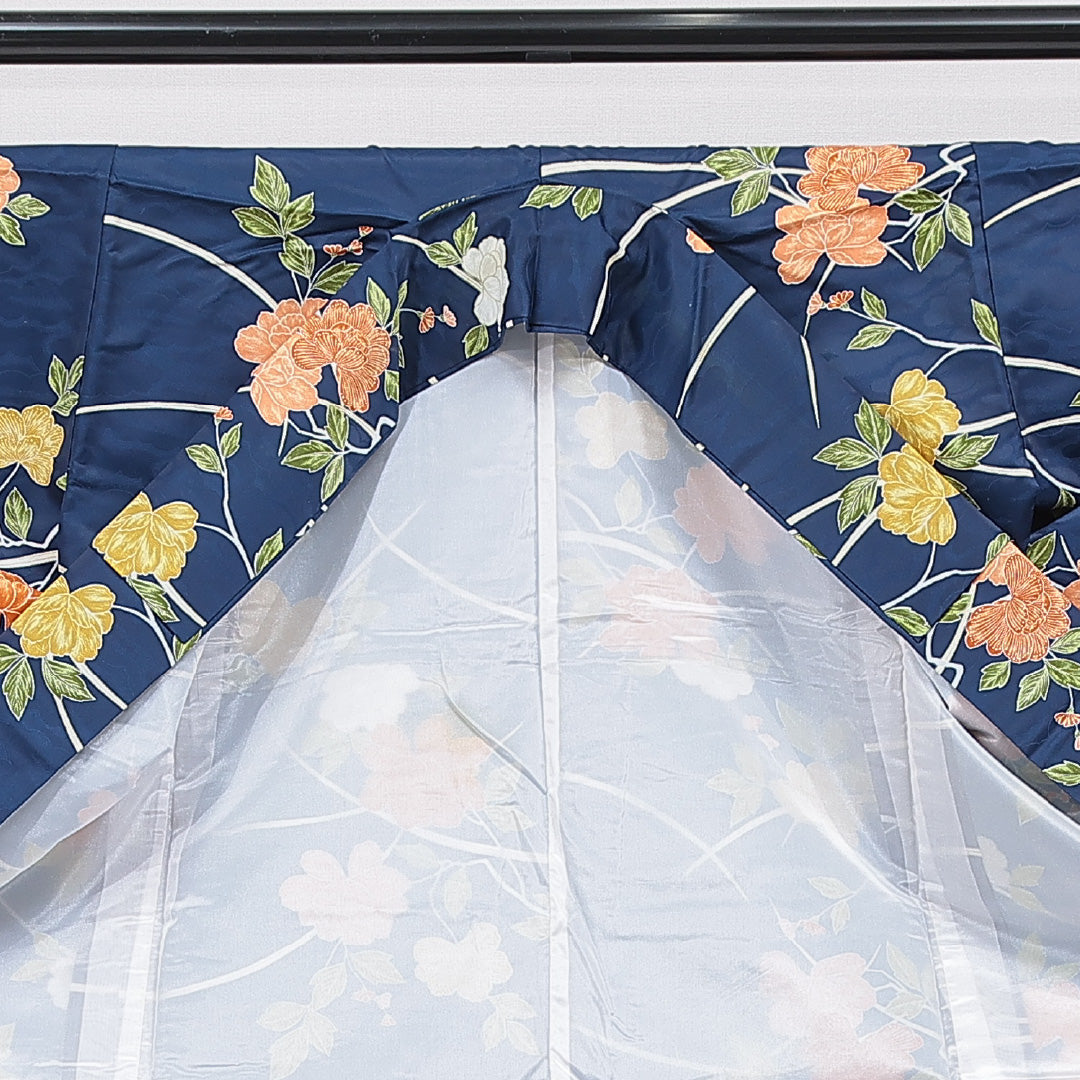 小紋 洗える着物 袷 身丈156cm 裄丈63cm ポリエステル Bランク Mサイズ 広衿 インフォーマル 牡丹 青系 1215-15802