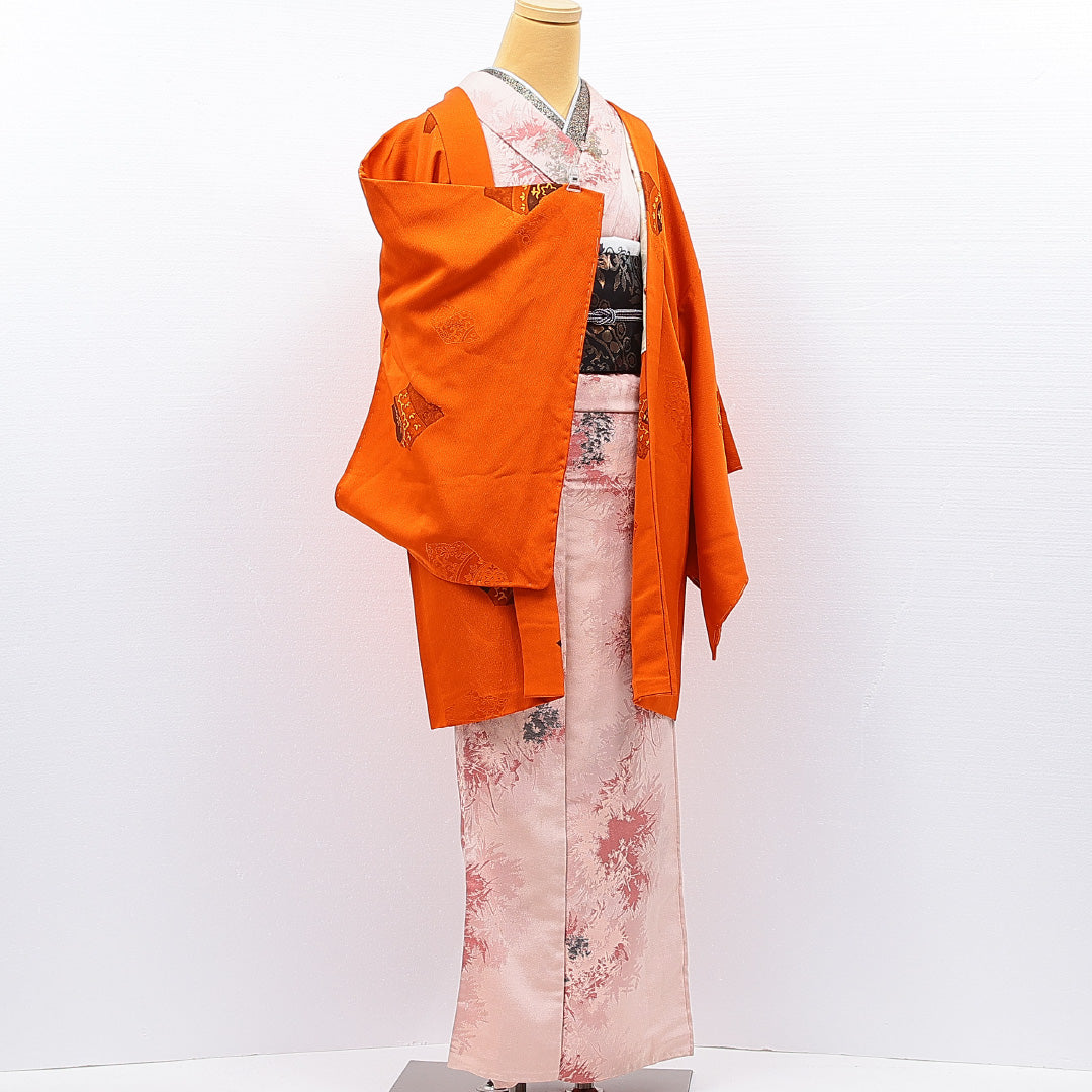 羽織 袷 身丈84cm 裄丈65cm 正絹 Sランク カジュアル Mサイズ 織り出し 唐草 朱系 RP 1232-15253