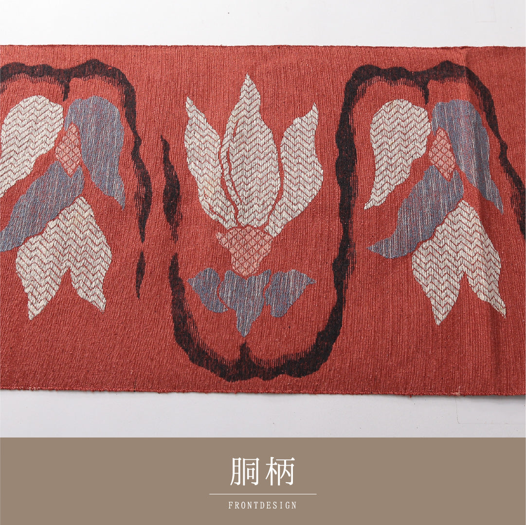 八寸名古屋帯（紬） 帯丈348cm カジュアル 松葉仕立て 六通 Cランク 正絹 花柄 赤系 朱系 1224-03820