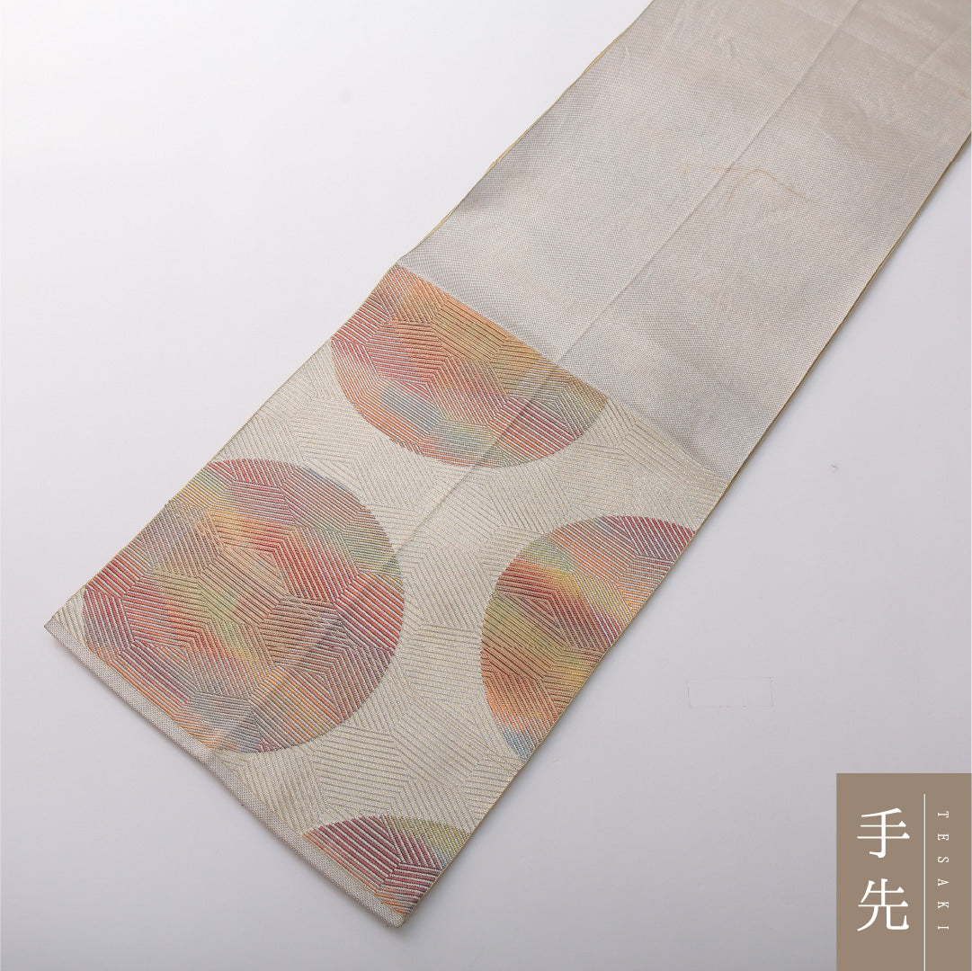 八寸名古屋帯 帯丈340cm カジュアル 開き仕立て 六通 帯芯なし Aランク 正絹 創作柄 クリーム系 1224-03505