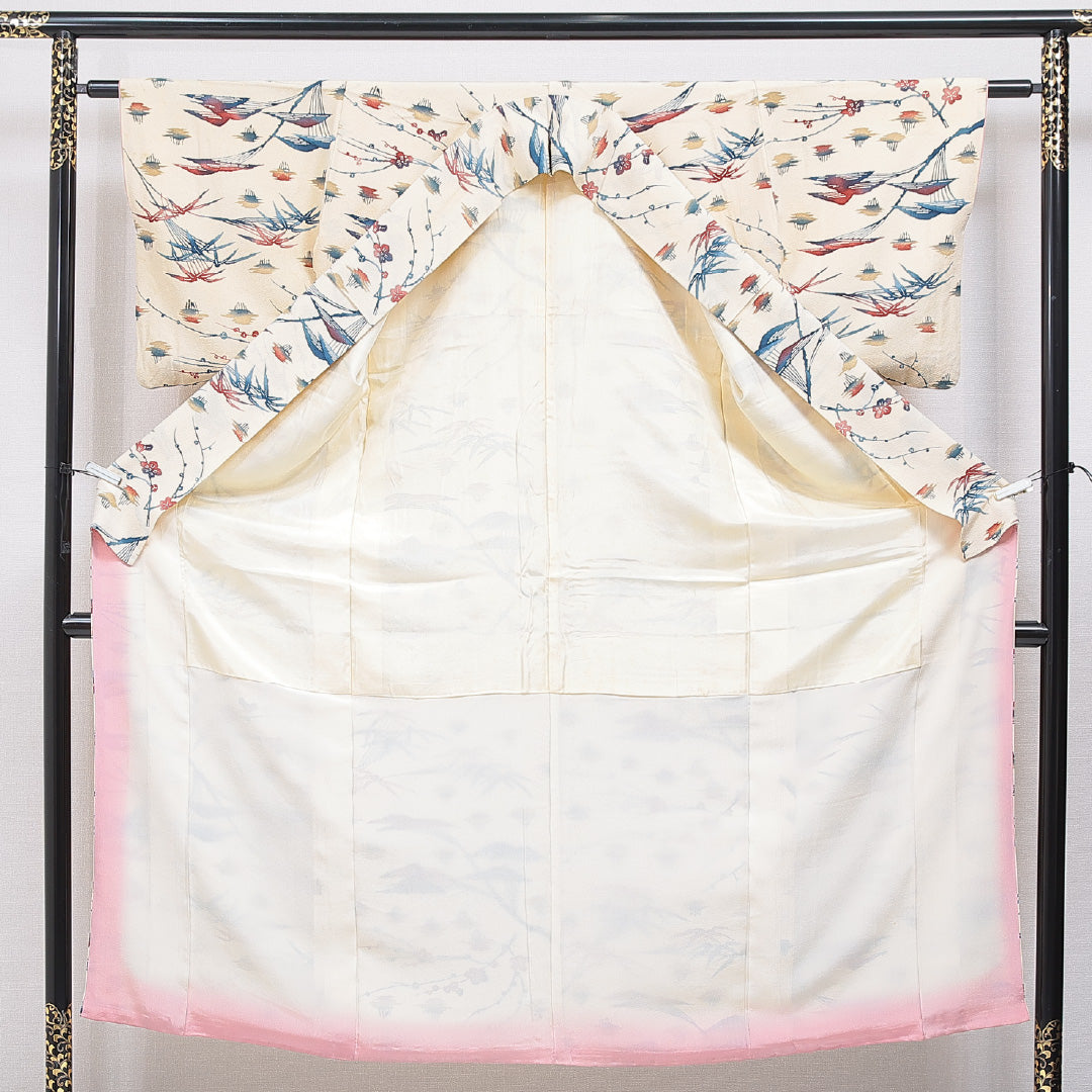 小紋 袷 身丈147cm 裄丈60cm 正絹 Bランク インフォーマル 広衿 XSサイズ 山 クリーム系 HP 1221-15908