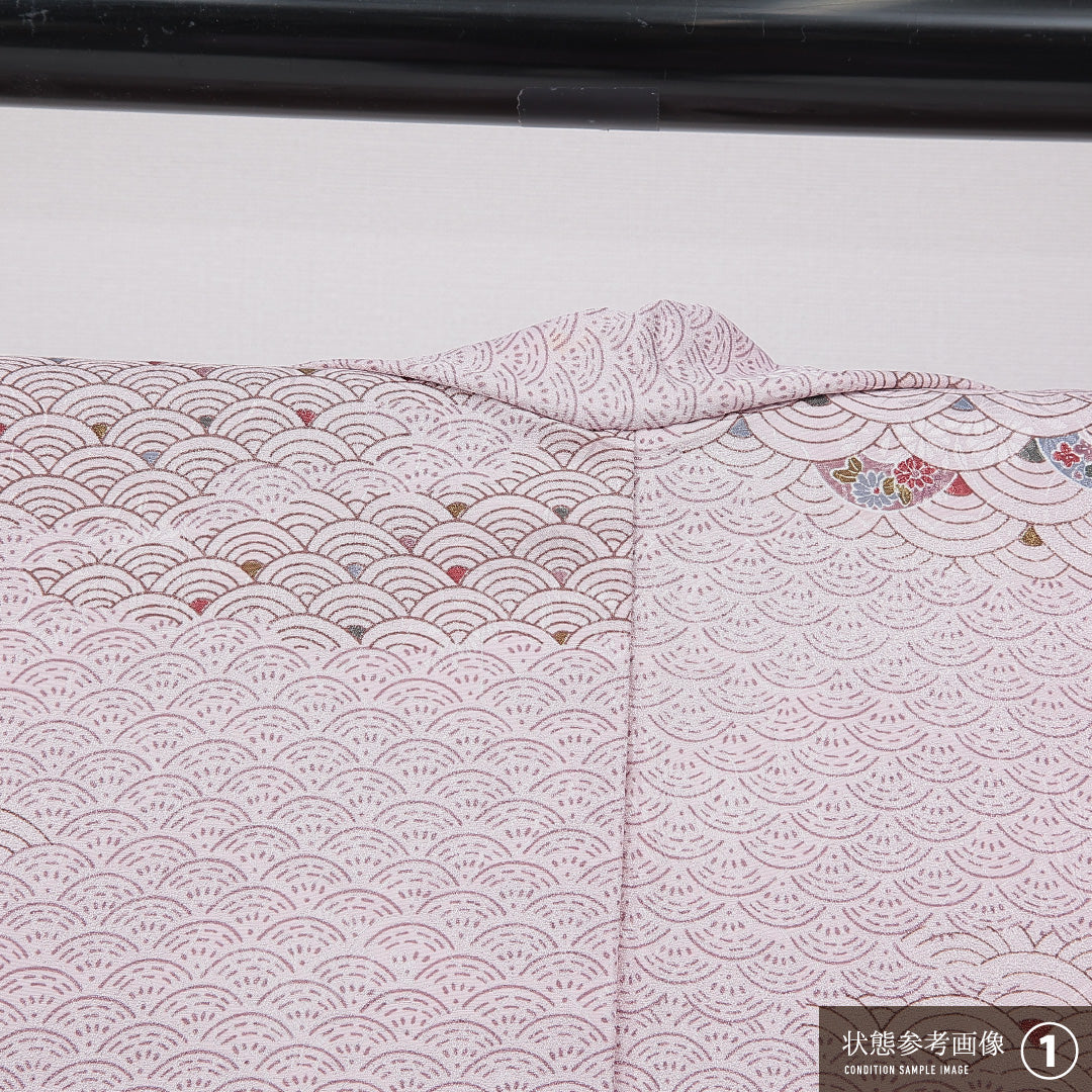 小紋 洗える着物 袷 身丈159cm 裄丈64cm ポリエステル Sランク Mサイズ 広衿 インフォーマル 青海波 紫系 1215-15789