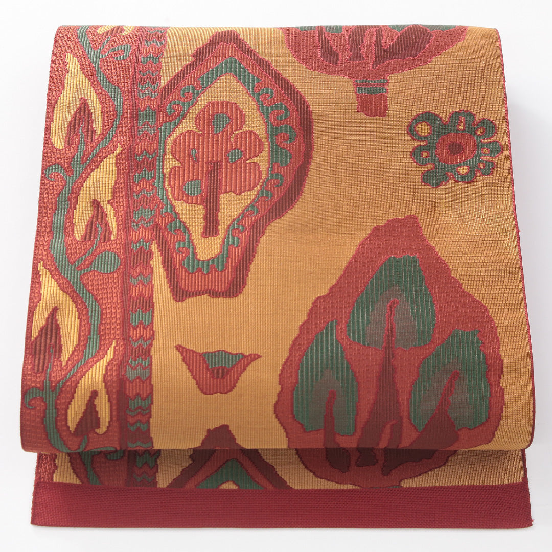 八寸名古屋帯 帯丈385cm カジュアル 名古屋仕立て 六通 Sランク 正絹 創作柄 朱系 1224-04180