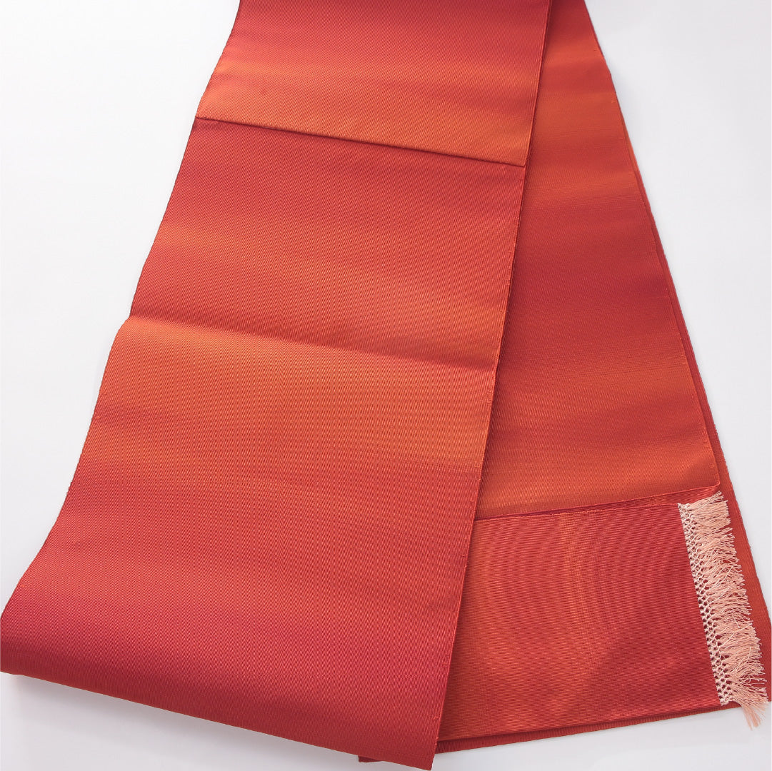 新古品 八寸名古屋帯 帯丈377cm インフォーマル 松葉仕立て 全通 未仕立て Nランク 正絹 綴れ織 ぼかし 無地 朱系 多色系 1224-04181