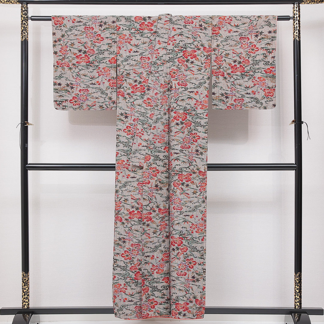 洗える着物 ウールの紬 袷 身丈156cm 裄丈63cm ウール Aランク カジュアル バチ衿 Mサイズ 花柄 グレー系 HP 1223-15112