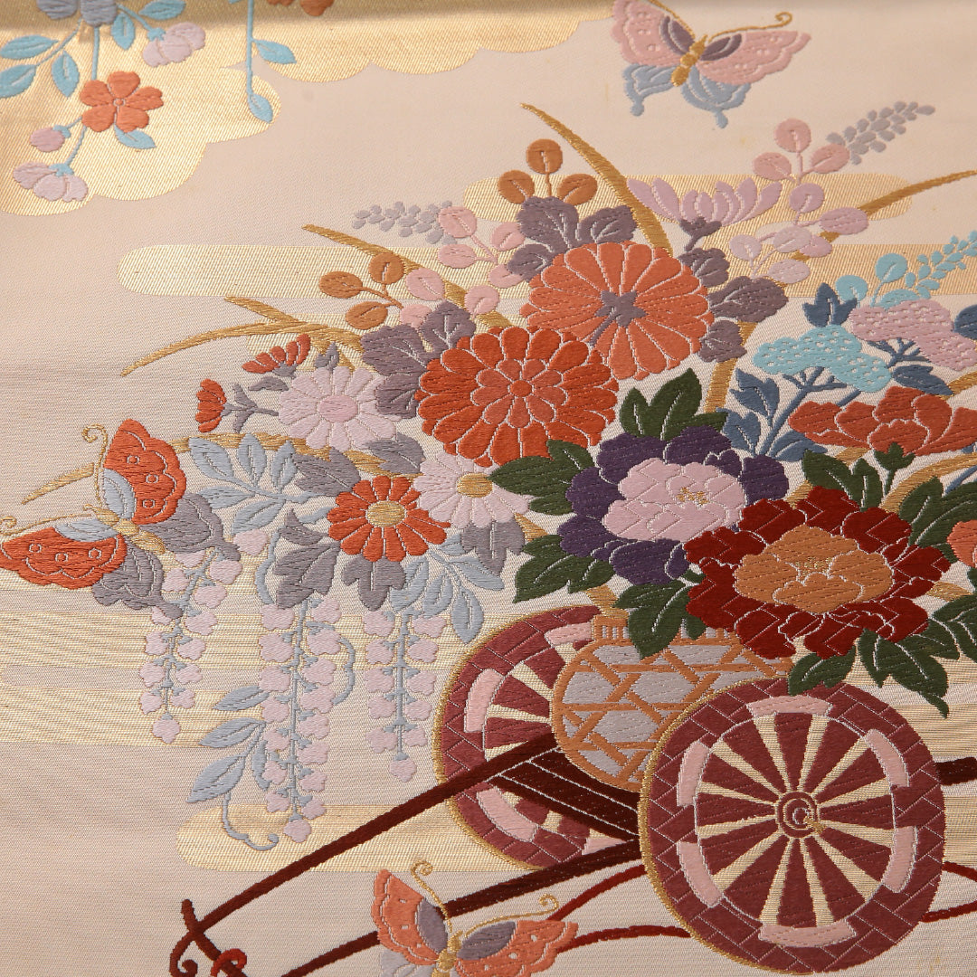 袋帯 帯丈432cm 正絹 六通 フォーマル 御所車 クリーム系 金系 1243-01938