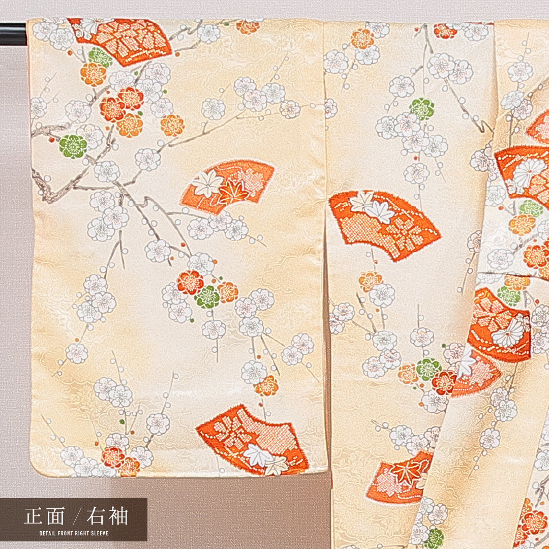 洗える着物 小紋 袷 身丈163cm 裄丈63cm ポリエステル Sランク インフォーマル 広衿 Lサイズ 扇 梅 朱系 RP 1221-16001
