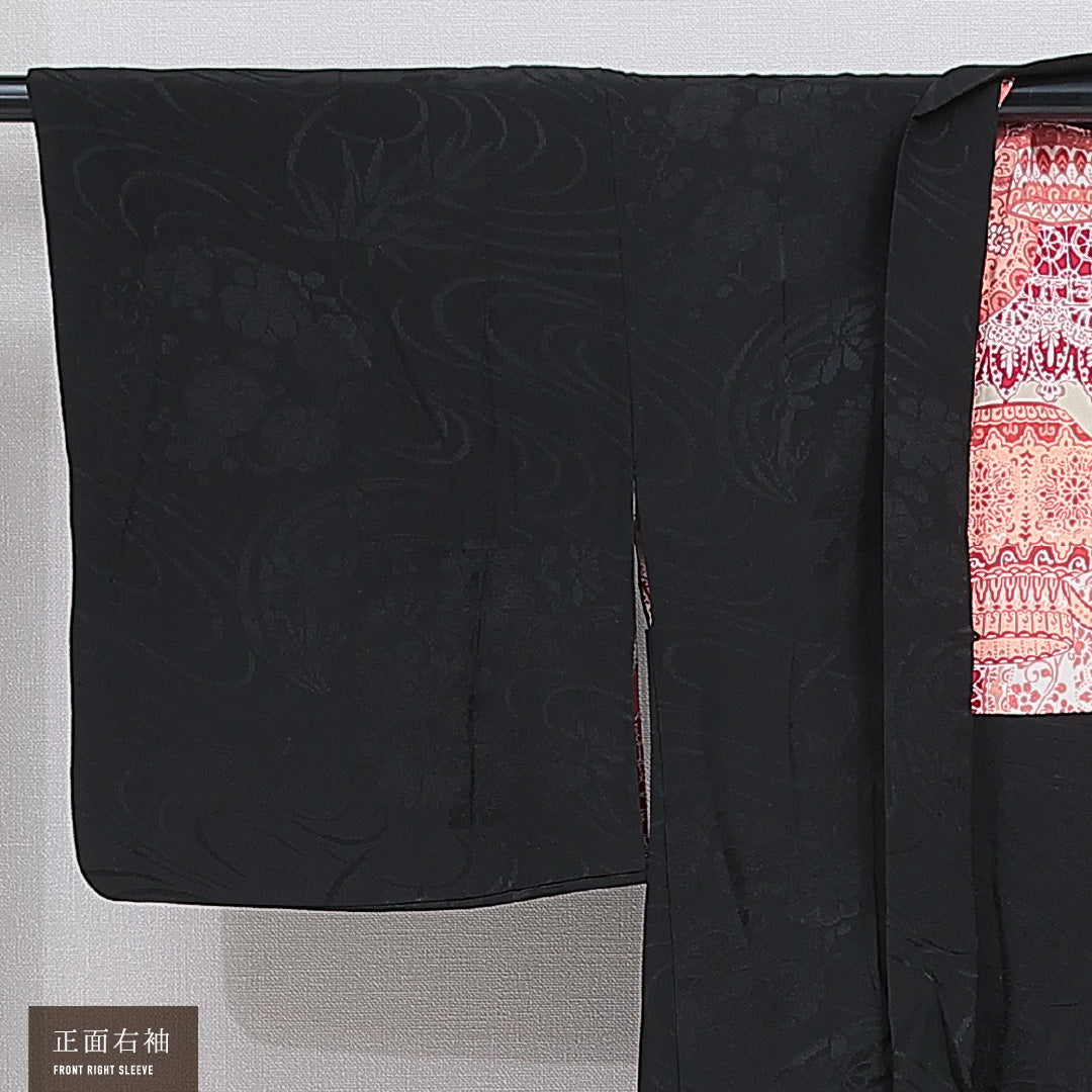 黒羽織 袷 身丈78cm 裄丈63cm 正絹 Sランク 一つ紋 (中陰五三桐) 紋意匠 (菊) セミフォーマル Sサイズ 織り出し 黒系 RP 1233-16140
