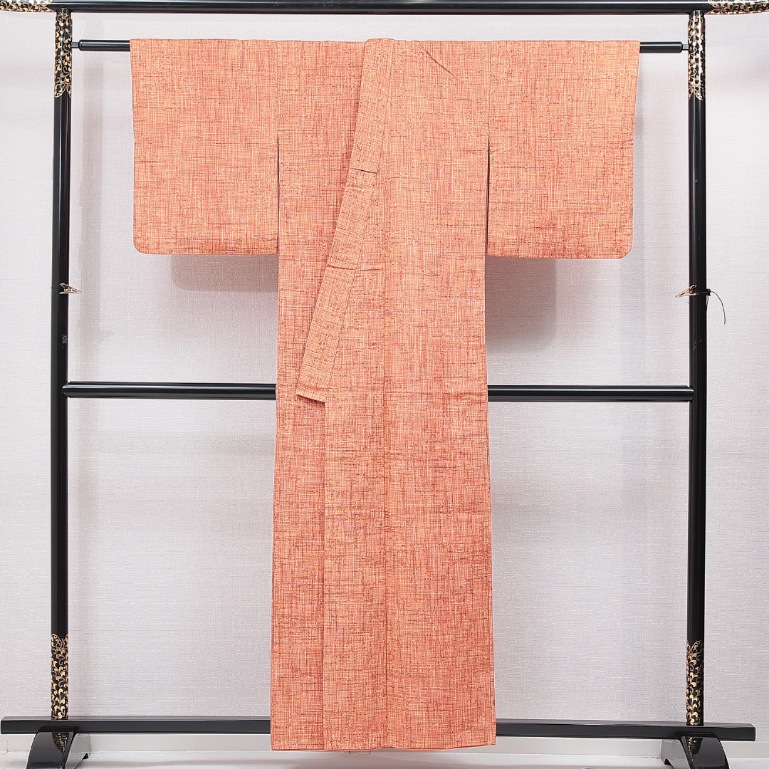 紬 袷 身丈156cm 裄丈62cm 正絹 Sランク カジュアル 広衿 Mサイズ 無地 朱系 RP 1223-15525