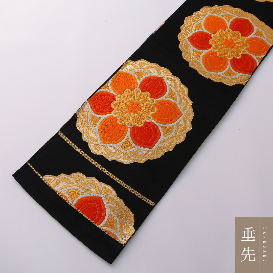袋帯 帯丈428cm 正絹 六通 帯芯なし フォーマル 唐織 宝相華 黒系 1243-01945