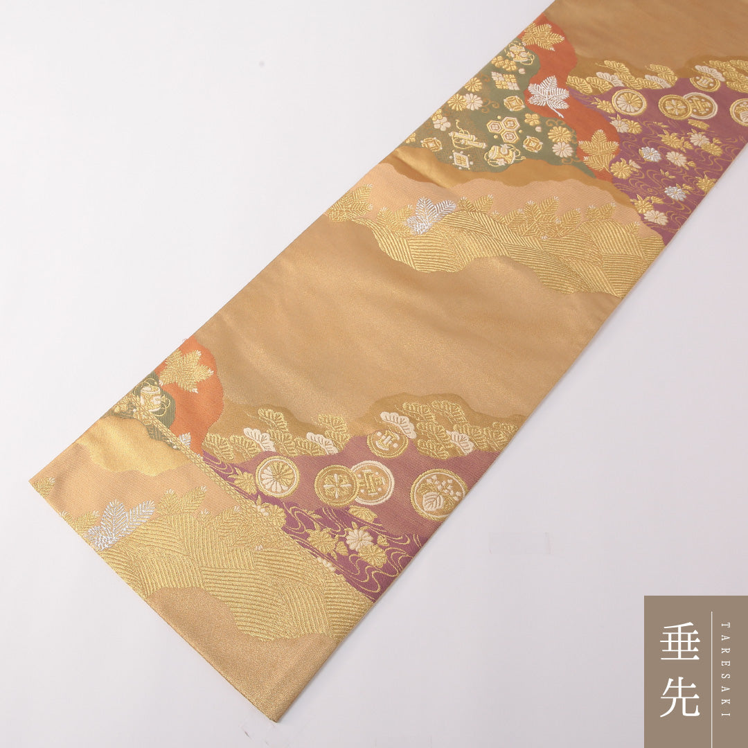 袋帯 帯丈424cm 正絹 六通 フォーマル 道長取り 光琳波 丸文 金系 1243-01772